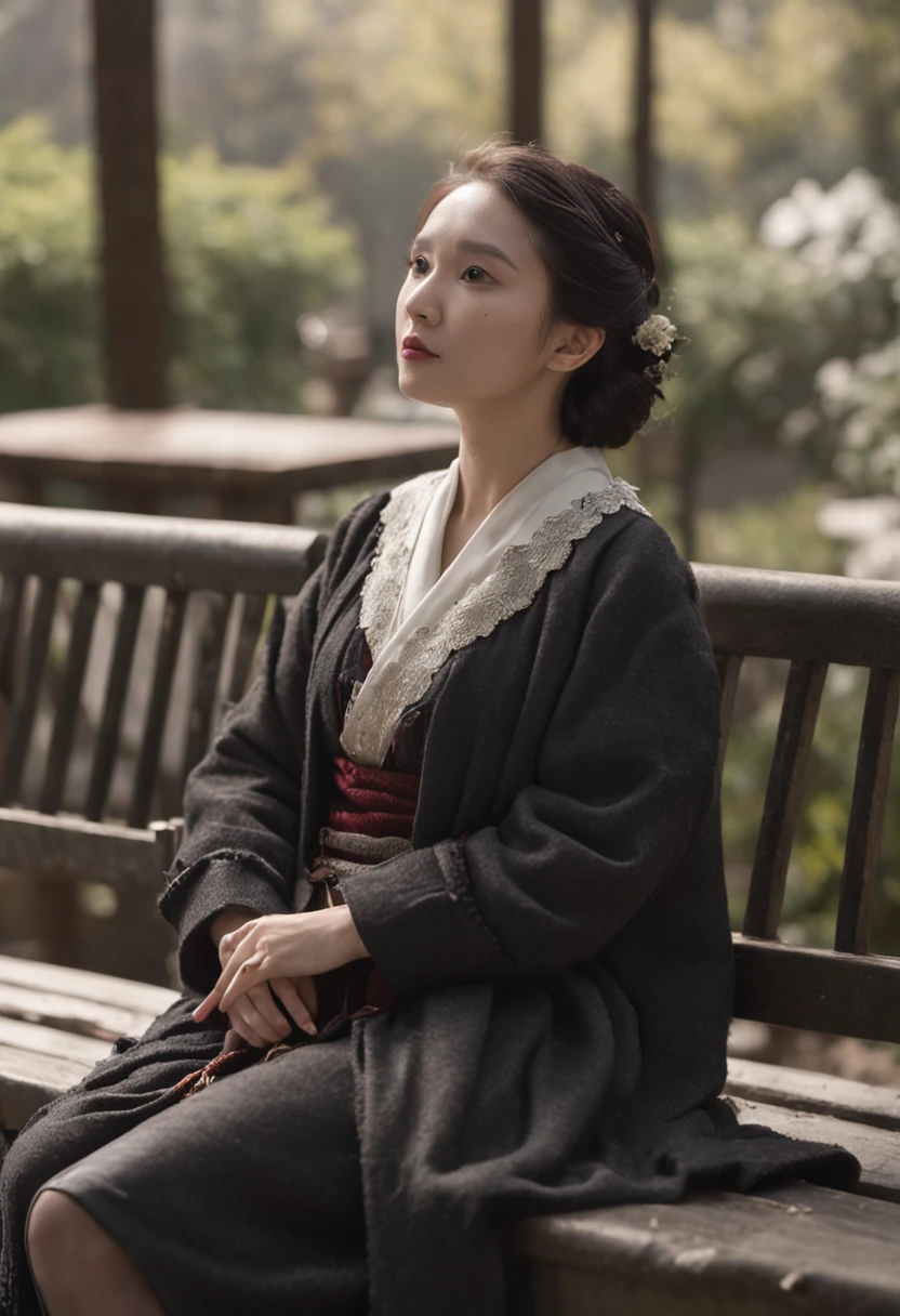 A panda in a suit,adorned in majestic attire,Sit on a bench,There is a handbag, Melancholy looked into the distance,With your back to the camera,shot from a far distance,best qualityer, cinematic Film still from, 8K分辨率,Cinematic lighting,best qualityer,Detail light,parks
