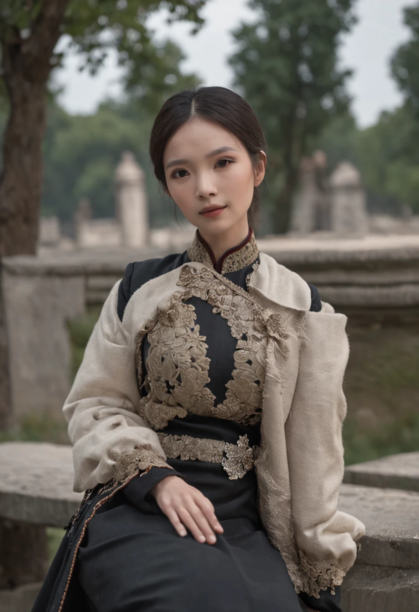A panda in a suit，adorned in majestic attire，Sit on a bench，There is a handbag, Melancholy looked into the distance，With your back to the camera，shot from a far distance，best qualityer, cinematic Film still from, 8K分辨率，Cinematic lighting，best qualityer，Detail light，parks