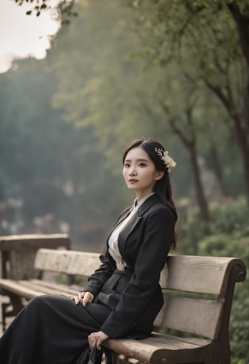 A panda in a suit,adorned in majestic attire,Sit on a bench,There is a handbag, Melancholy looked into the distance,With your back to the camera,shot from a far distance,best qualityer, cinematic Film still from, 8K分辨率,Cinematic lighting,best qualityer,Detail light,parks