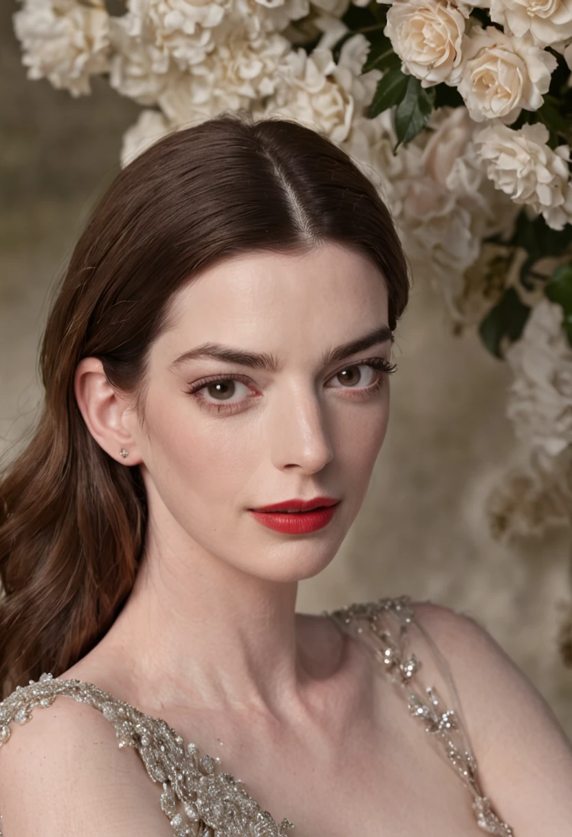 (Anne Hathaway)'s(Dreamy image)+(Charming temperament)+(Luxury scene)+(Soft light and shadow),Beauty in full display,Elegant and confident,Intoxicating。(Red lip makeup)+(Classic hairstyle)+(ornate gown),Picturesque,Brilliant。(Shining starry sky)+(Romantic night view),Goes well with her temperament,Is(Heartwarming)。(Delicate skin)+(Bright eyes),Perfect details,Enchanting。(Elegant gesture)+(Natural wind)+(Gentle smile),Exuding(Glamorous charm),wie z(Fairy among flowers)It's wonderful。(Beautiful colors)+(fantasy atmosphere),It's intoxicating,Can't extricate yourself。(Artistic details)+(carefully designed),Screen unique,Amazing。