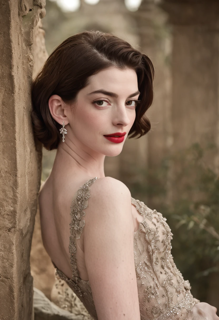 (Anne Hathaway)'s(Dreamy image)+(Charming temperament)+(Luxury scene)+(Soft light and shadow),Beauty in full display,Elegant and confident,Intoxicating。(Red lip makeup)+(Classic hairstyle)+(ornate gown),Picturesque,Brilliant。(Shining starry sky)+(Romantic night view),Goes well with her temperament,Is(Heartwarming)。(Delicate skin)+(Bright eyes),Perfect details,Enchanting。(Elegant gesture)+(Natural wind)+(Gentle smile),Exuding(Glamorous charm),wie z(Fairy among flowers)It's wonderful。(Beautiful colors)+(fantasy atmosphere),It's intoxicating,Can't extricate yourself。(Artistic details)+(carefully designed),Screen unique,Amazing。