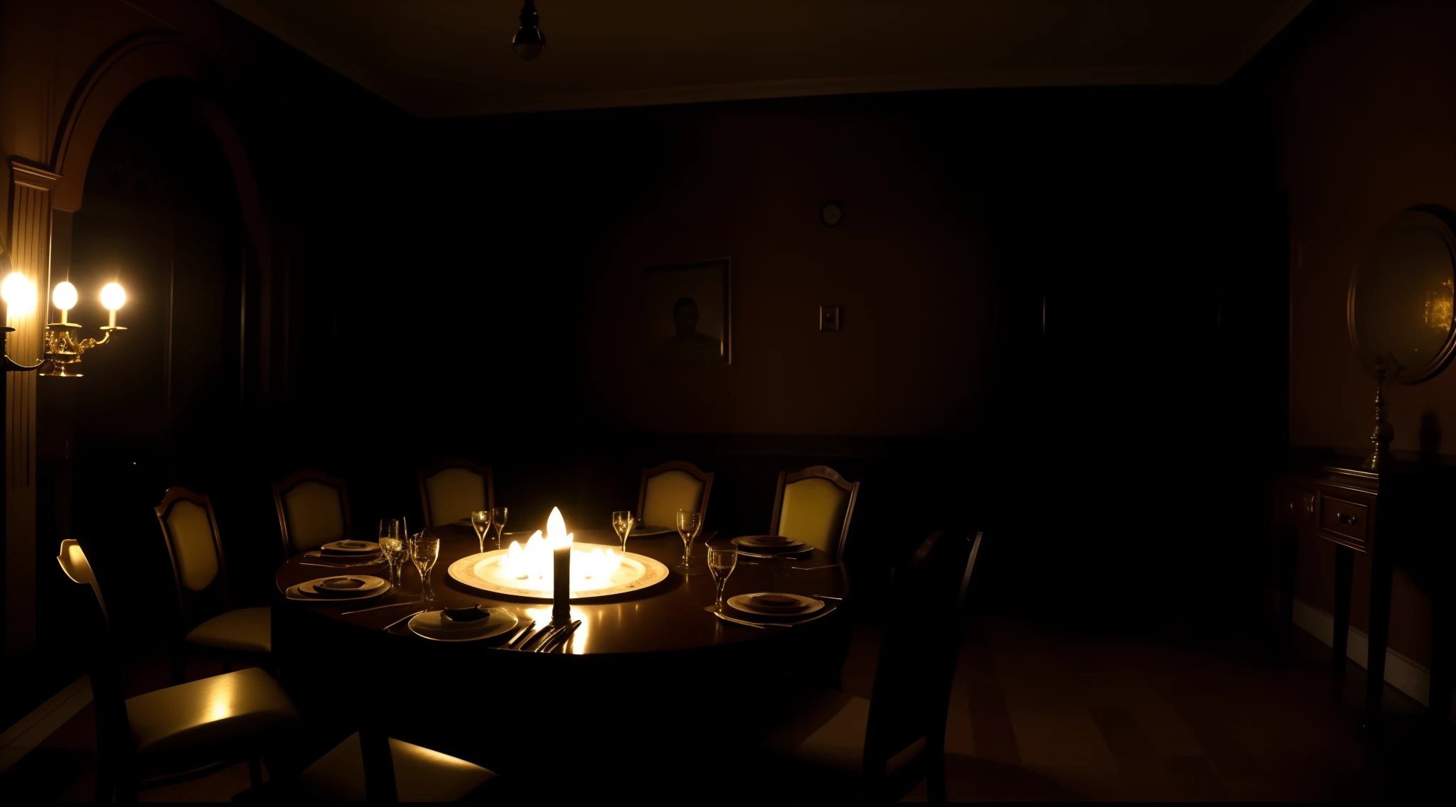 um closeup de uma sala de jantar, horror setting, assustador e encarado, Horror scenario, cena de filme de terror(sem fotos de pessoas). (melhor qualidade). pouca luz