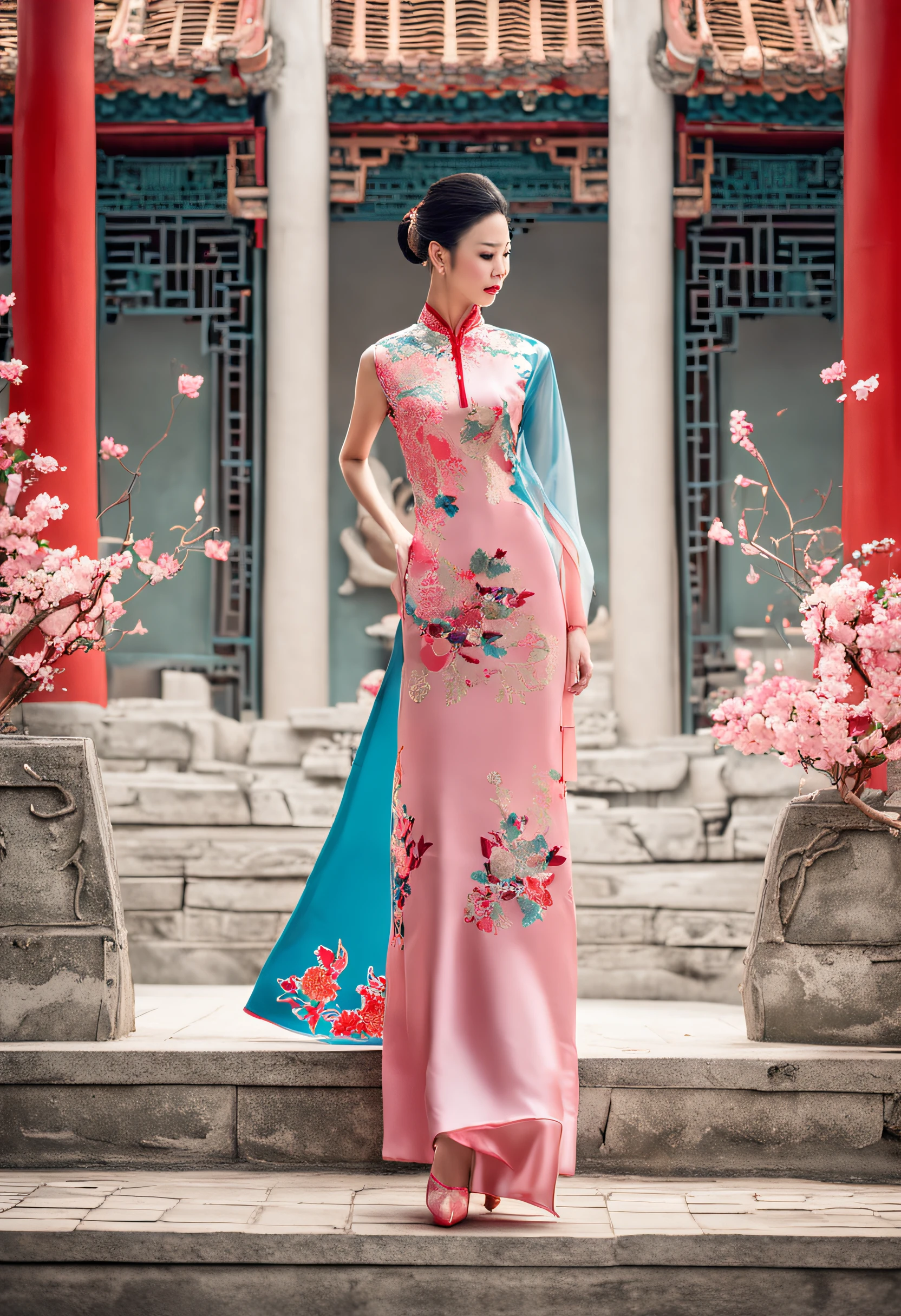 Fashion design, featuring a beautiful girl wearing a soft toned lace long qipao, with a full body (pink, purple, blue, light green, peach brown) and a combination of warm and cool colors, creates a rich and unusual visual effect. The patterns of Chinese qipao, such as magpies, peanuts, and pomegranates, are embellished with plaid, stripes, and polka dots. The composition of Cantonese embroidery is complex but not chaotic, while Xiang embroidery is based on Chinese landscape painting, Embroidery can produce fragrance, embroidery birds can listen to sound, embroiderers can be vivid, precise and precise. Su embroidery is "flat, light, uniform, even, harmonious, smooth, fine, and dense", hand carved with patterns of dragons and phoenixes, Ruyi, flowers, etc. The style of the placket of the cheongsam is single, double, diagonal, and some exquisite jewelry, earrings, necklaces, shoes, and bags, etc., highlighting individual charm and matching the overall shape,