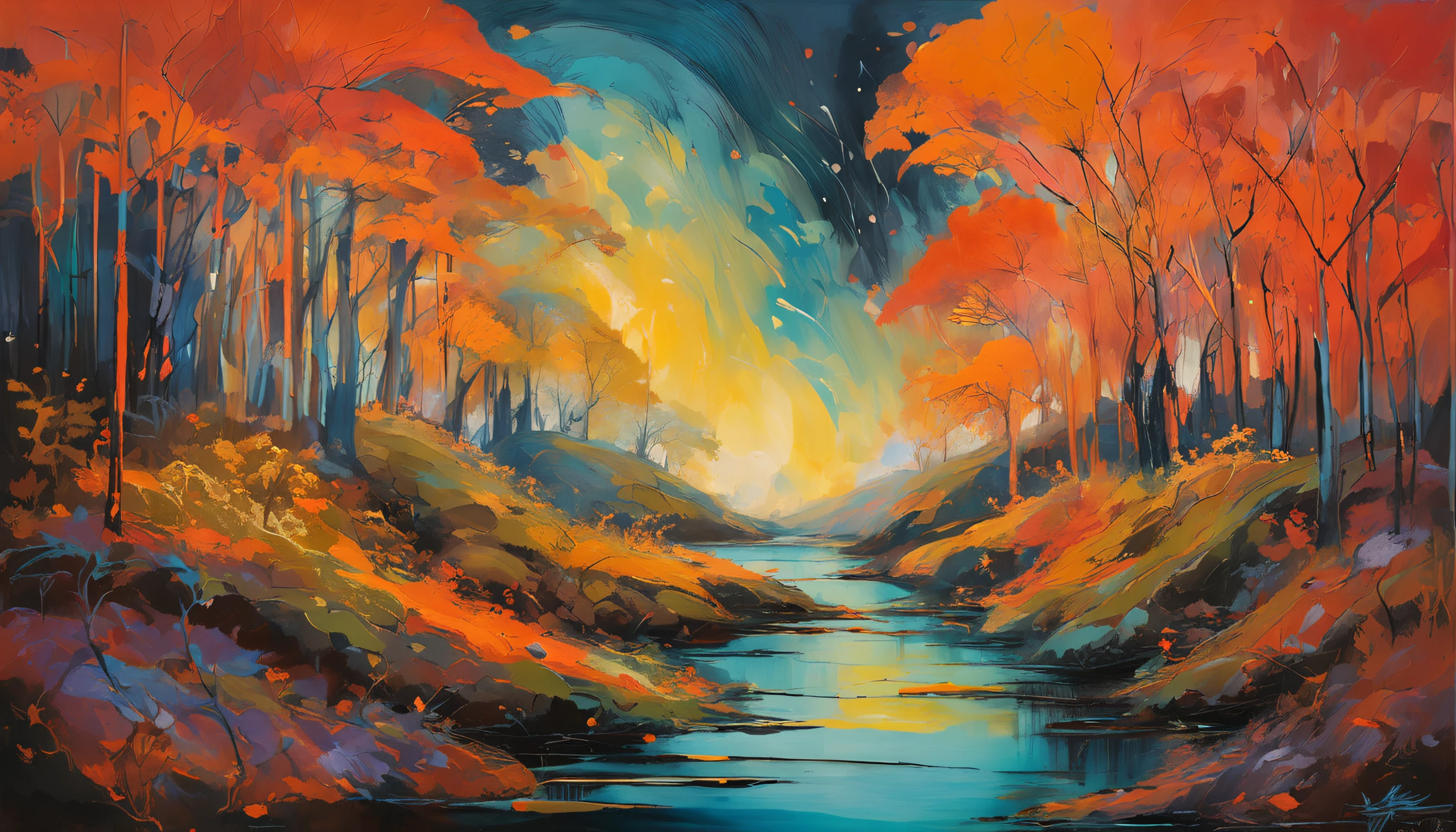 Intricate painting details of Japanese forests,Narrow range Murata,Milky Way background depth of field,Clouds surround,Vivid and bright colors,hight contrast,Vector lines with an artistic touch,orange highlights,Tieba anime concept art style,Matte finish,High quality and rich details,Picture from edge to edge,Inspired by Sanskrit。