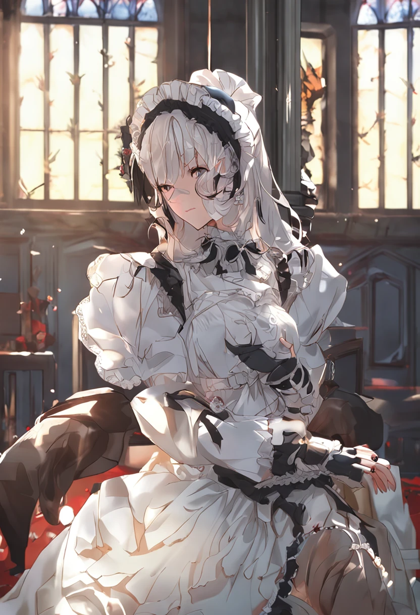 (((picture perfect))), (absurdres), 1girl, solo, narberal gamma, maid, armor, gloves, maid headdress, looking at viewer, expressionless