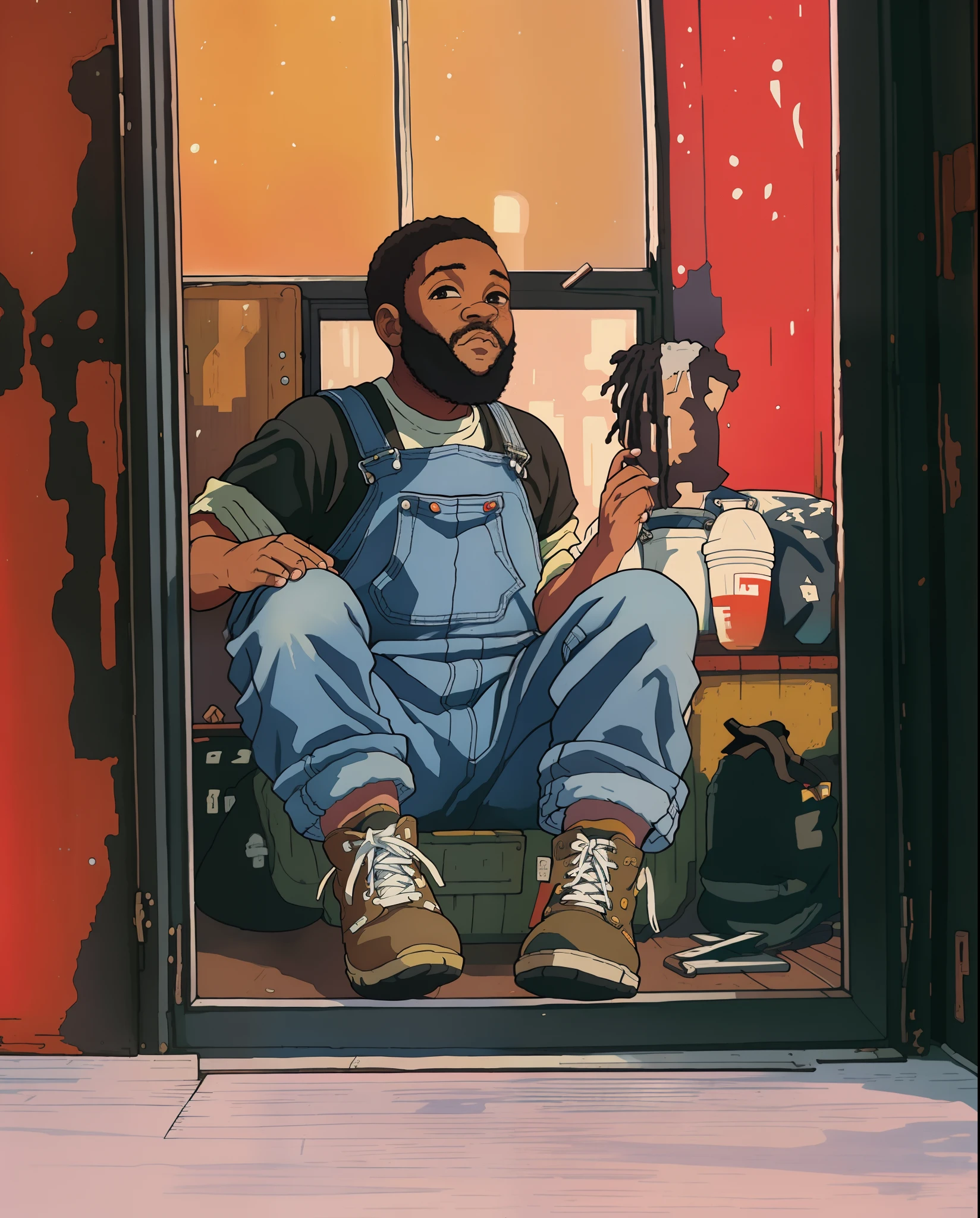 there is a black man sitting on the floor in a room, artist wearing torn overalls, artist wearing overalls, starving artist wearing overalls, wearing dirty overalls, lofi portrait at a window, 2 0 2 2 photo, leaning against the window, sittin, wearing blue jean overalls, overalls and a black beard, wearing overalls, looking outside