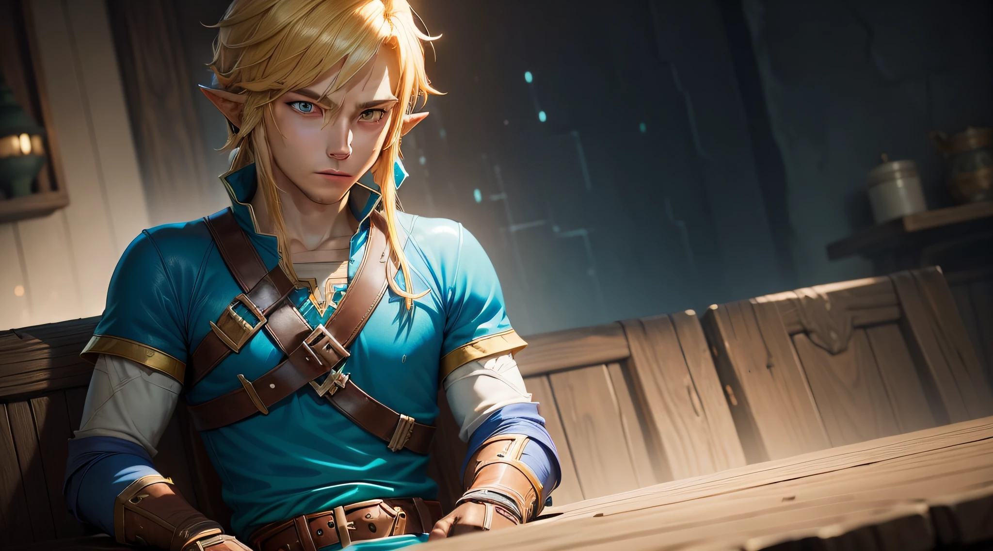link, legend, blue tunic, botw, hyrule, male, anime cartoon, fighting, blonde, leather gloves, covered, young, dreaming, evening, one person