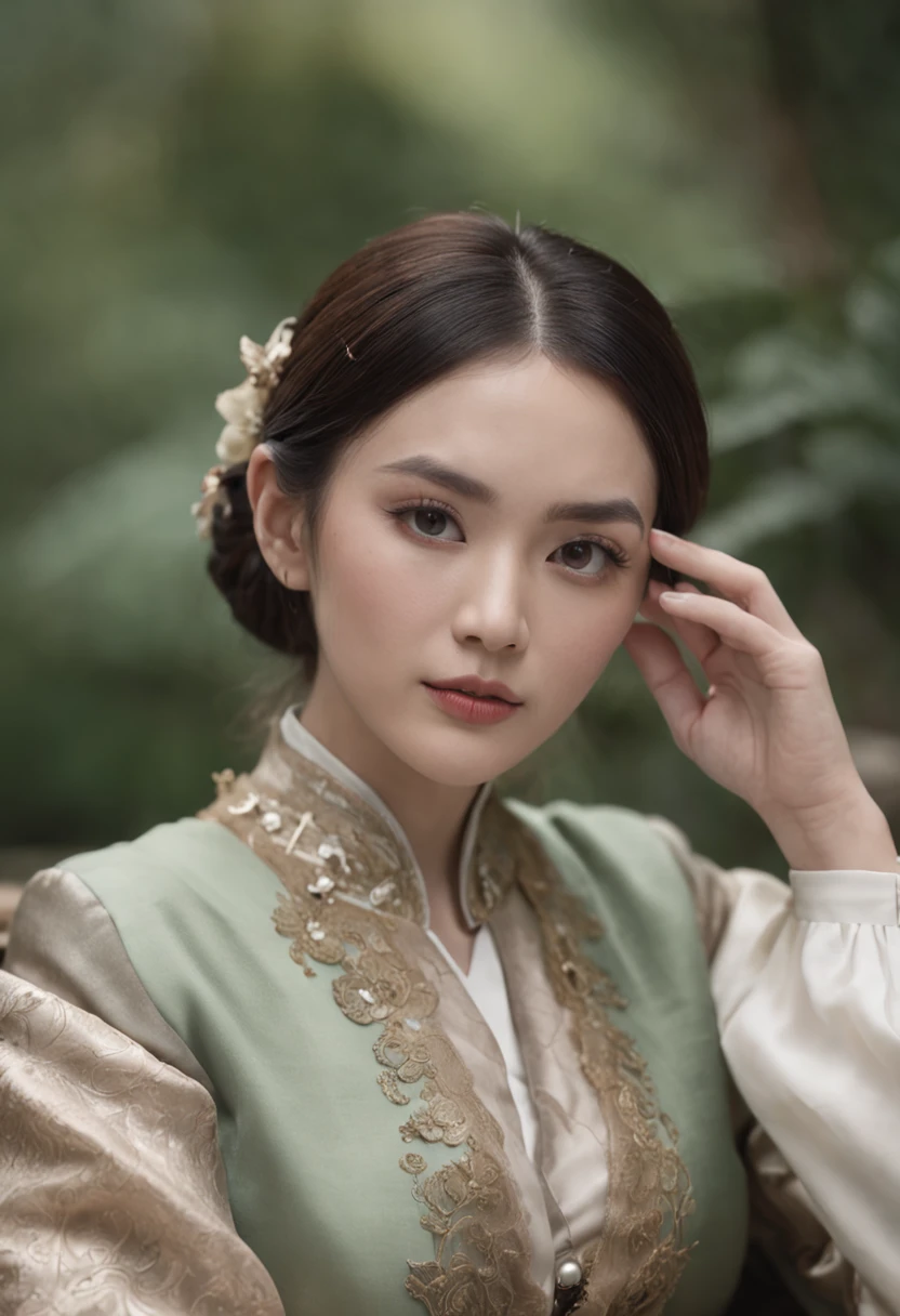 Panda in suit,adorned in majestic attire,Sit on a bench,There is a handbag, Melancholy looked into the distance,With your back to the camera,shot from a far distance,best qualityer, cinematic Film still from, 8K分辨率,Cinematic lighting,best qualityer,Detail light,bamboo forrest