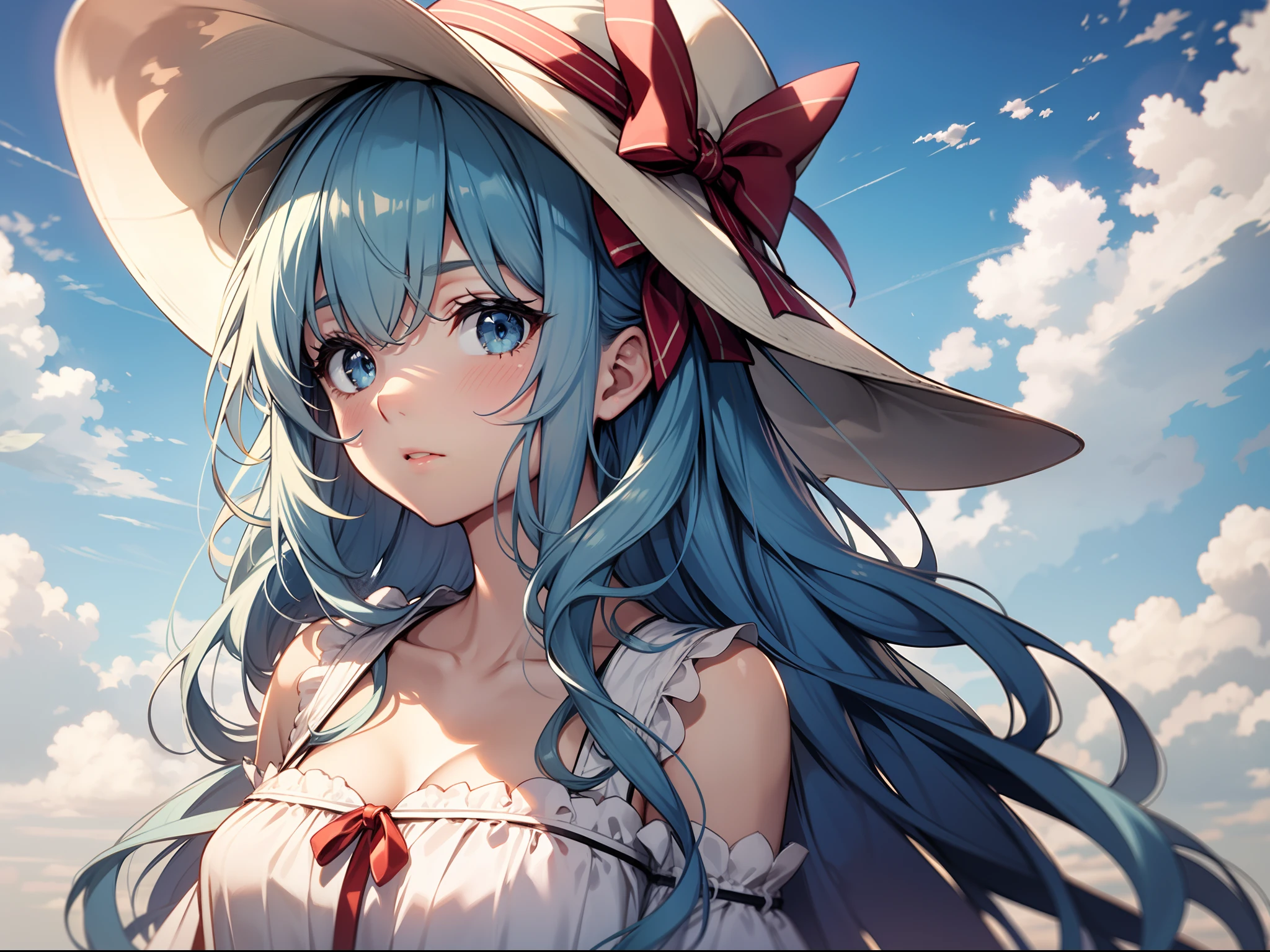 1girl, bangs, blue_eyes, blue_hair, blue_sky, blush, bow, cloud, cloudy_sky, collarbone, day, dress, eyebrows visible through hair, ruffles, handmade, headdress, hat, hat bow, long hair, looking at the lens, outdoors, ribbon, sky, solo, sun hat, white dress
