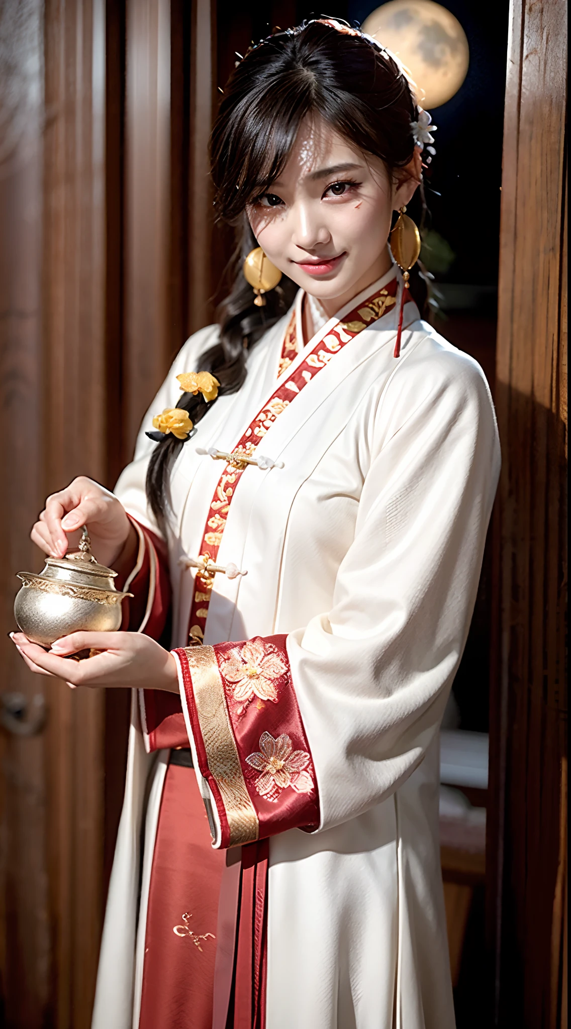 (Realistic:1.3), finely detailed, quality, Rembrandt lighting, (Masterpiece:1.2), (Photorealistic:1.2), (Best quality), (Detailed skin:1.3), (Intricate details), Dramatic, Ray tracing, 1girll, Chinese girl, 21 years old, Detailed skin texture, (Blush:0.5), (goosebumps:0.5), Subsurface scattering, Smiling, Detailed face, Medium breasts, Earrings,( Hanfu，Hanfu underwear, Dancer），Cowboy shot, Chinese big breasts，Clouds， sweet osmanthus，moon full，