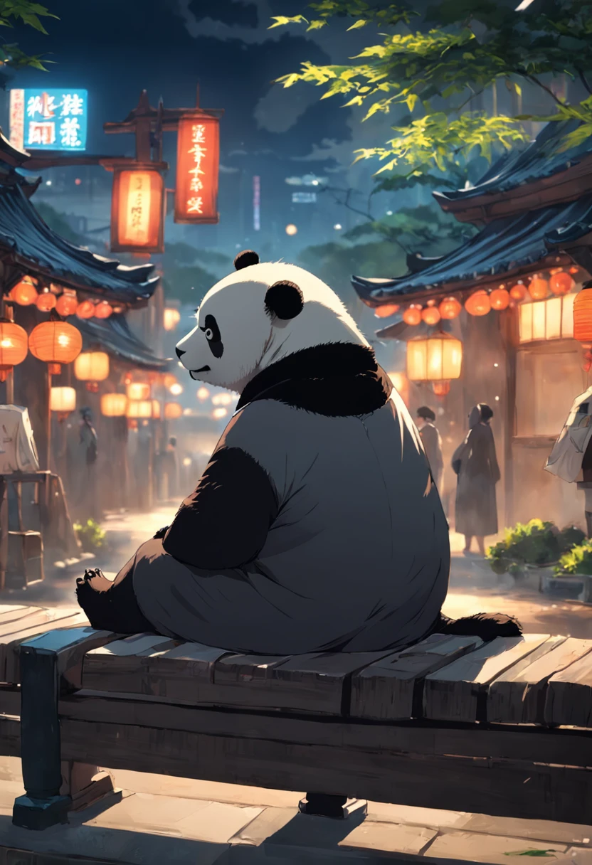 Panda in suit,adorned in majestic attire,Sit on a bench,There is a handbag, Melancholy looked into the distance,With your back to the camera,shot from a far distance,best qualityer, 8K分辨率,Cinematic lighting,best qualityer,Detail light,bamboo forrest