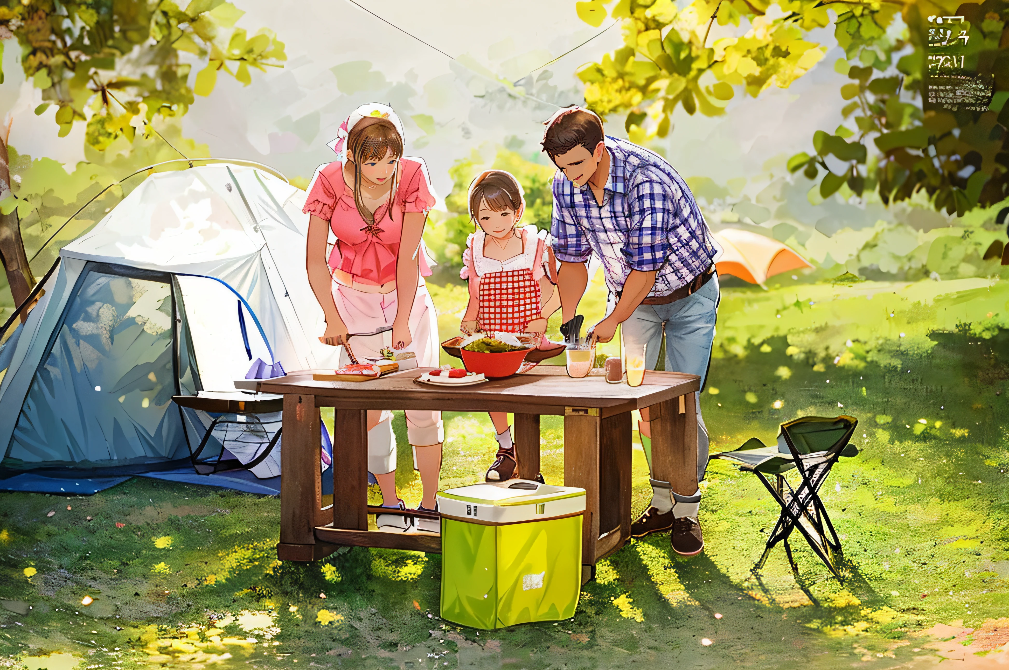 There were three people cooking at a table, people on a picnic, camping, Family dinner, having picnic, Joyful atmosphere, People who cook outside, Family, istock, Handsome, family friendly, Happy family, lifestyle, illustration , exteriors, Camping tents, Prairie blue sky