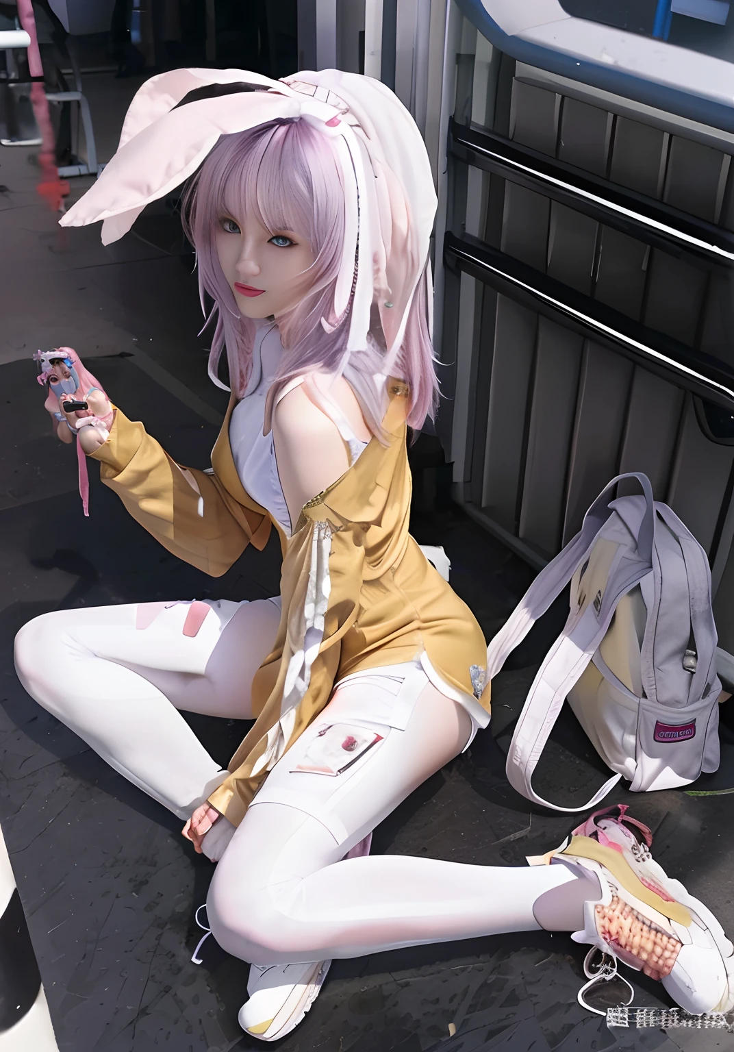 Girl sitting on the floor,Mobile phone in hand, The girl crouched, Beautiful girl crouching, Seductive girl, Cute girl vision, 人物; Full-body art, A teenage girl, Attractive girl, Cute girl, Anime figure, Girl, Young girls, Full body illustration, Bunny Girl
