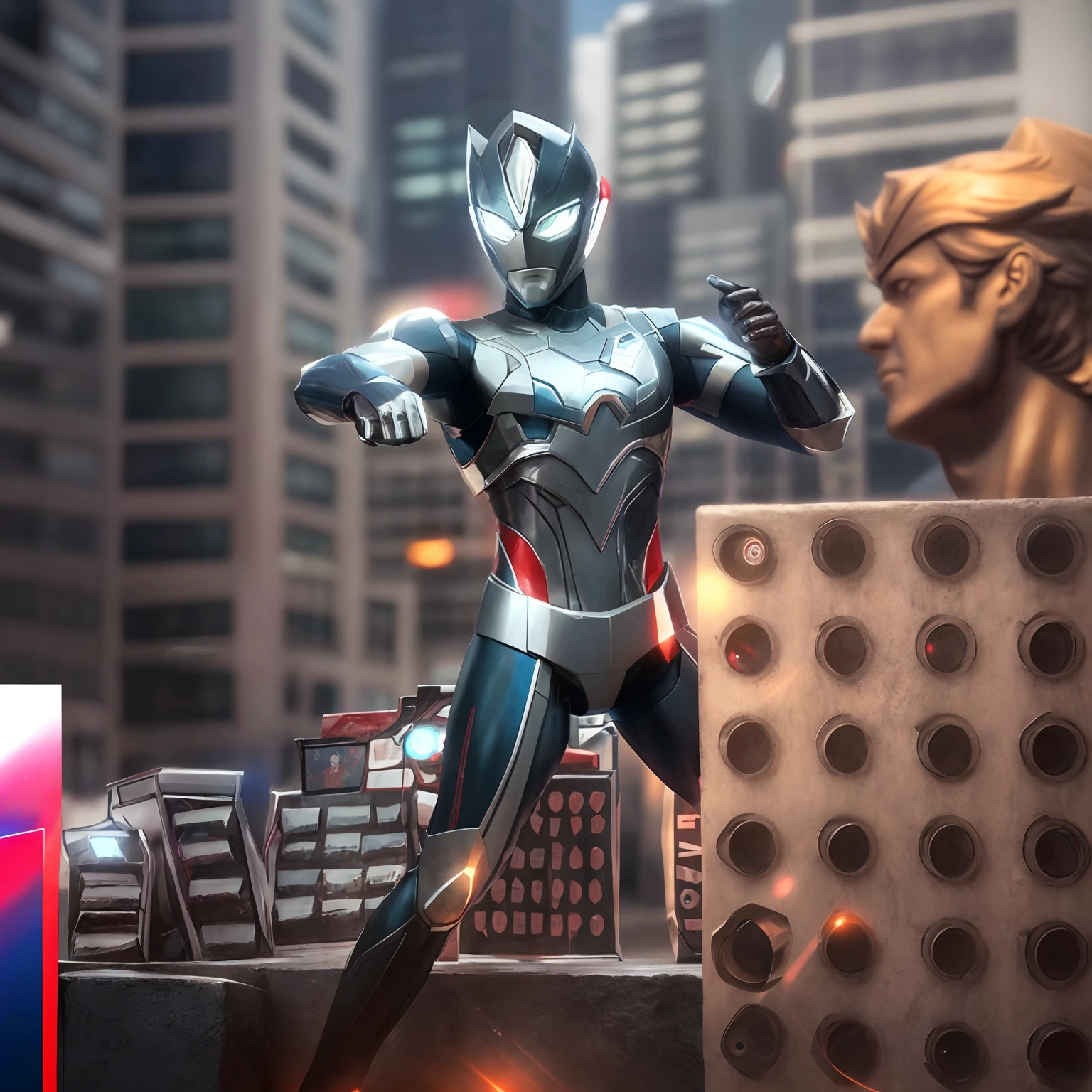 Close-up of a man standing next to a statue of a man, Ultraman, ultra hyper-detailed, ultra mega detailed, Tokusatsu, japanese cgi, promo art, high detailed official artwork, offcial art, high render, ultra mega super hyper detail, pop japonisme 3 d ultra detailed, Official artwork HDR, ultra mega super hyper realistic, key art
