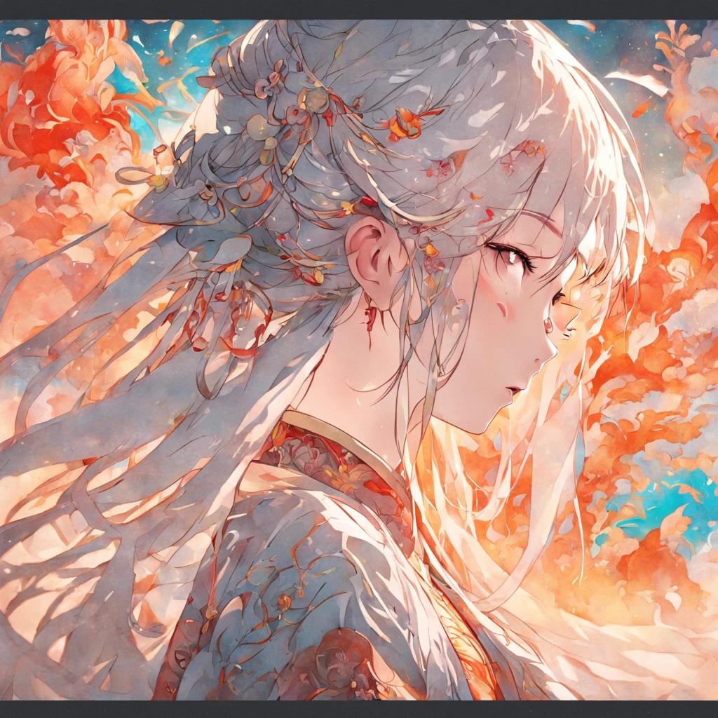 (White background:1.4),(Silhouette of a girl's head, Eyes closed, colorfull long hair, Oriental elements)，(Chinese illustration:1.3，paper art:1.3, Quilted paper art:1.2),( reasonable design, Clear lines, High sharpness,Best quality, Very detailed, Masterpiece, movie light effect, 4K )