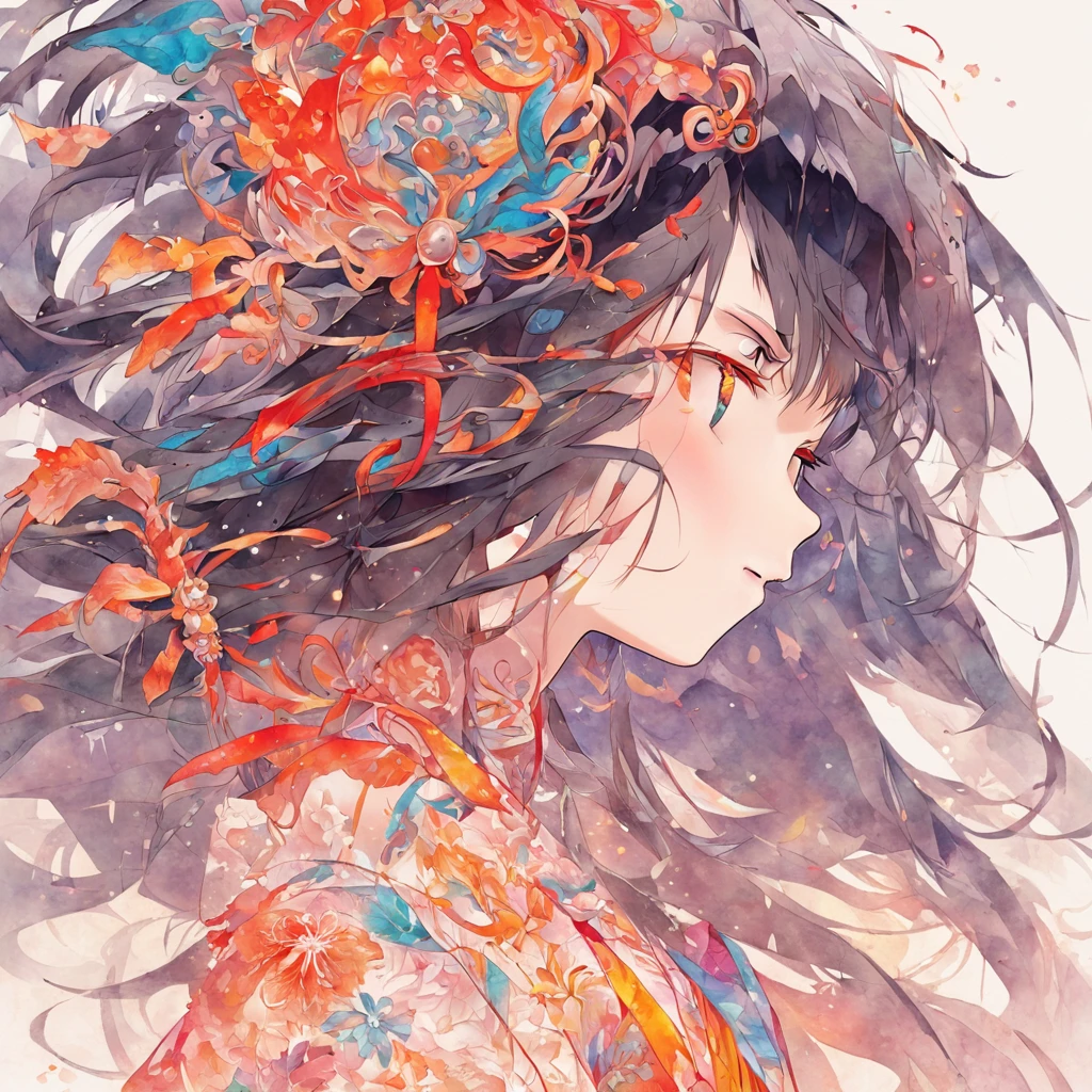 (White background:1.4),(Silhouette of a girl's head, Eyes closed, colorfull long hair, Oriental elements),(Chinese illustration:1.3,paper art:1.3, Quilted paper art:1.2),( reasonable design, Clear lines, High sharpness,Best quality, Very detailed, Masterpiece, movie light effect, 4K )