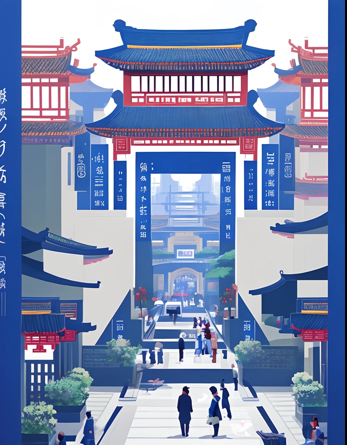 On the streets of modern-day Chang'an in China, depicted in aminimalist style, the scene radiates classical beauty with geometricpatterns. People move about in a bustling manner, creating aively atmosphere. The color palette of the scene is primarily baseoon Klein Blue, presented in a flat illustration style, and with aresolution of 8K.--ar 3:4 --nii 5 --s 400