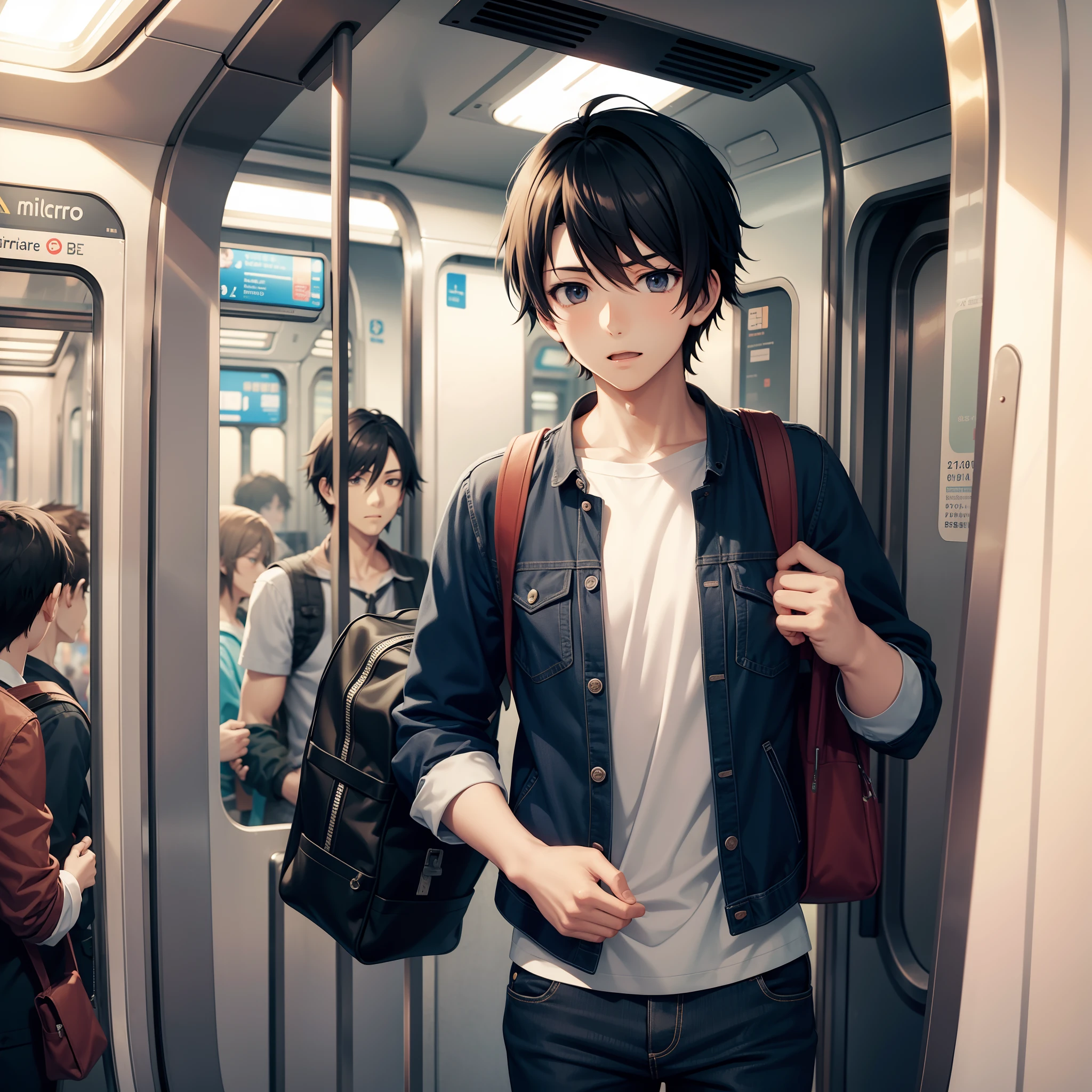 anime boy travelling in metro cinematic anime style camera view