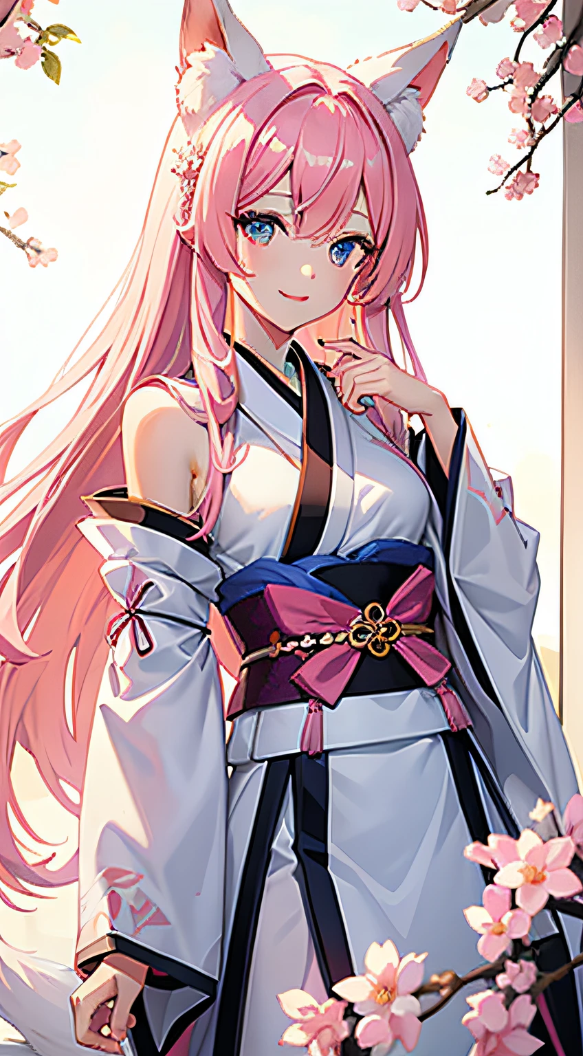 grown woman，Pink Long Hair，eBlue eyes，White fox ears，Open the kimono，Open the chest，ssmile，tmasterpiece，high high quality