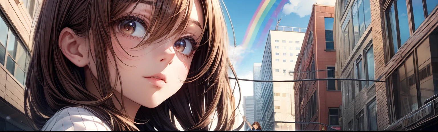 Best Quality, masutepiece, beautiful mature women、Beautiful face、Strong-minded woman、Office Suits、brown haired、Brown-eyed、Medium Hair、s Office、Downtown、early evening、Undersized eyes、Looking up at the rainbow、look up sky