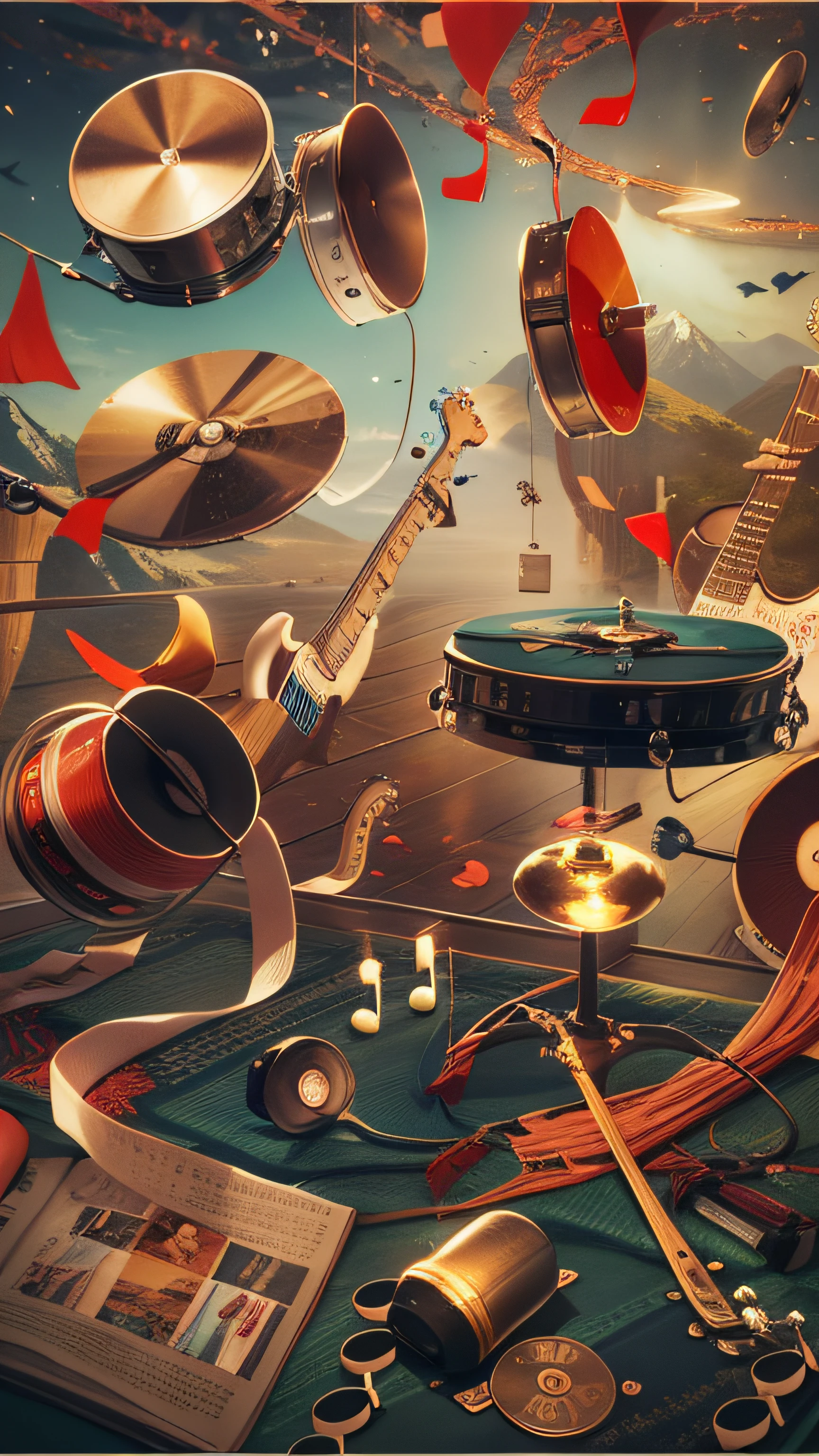 Music record covers,Various musical elements are scattered throughout the picture,Ribbons fly,guitar,microphones, Musical notation, speakers, blossoms,Gold material,The musical symbols are clearly textured,The distant mountains cascade,Festive atmosphere, Red atmosphere, Sea of clouds, Clean atmospheric background, Clean image,There are various small musical elements on the front, , Clear texture of various elements, The texture is clear, Movie poster style, Cinematic lighting, Divine light, hyper HD, retinas, Masterpiece, Superb detail, High quality, Award-Awarded, best high quality, High definition, Level high resolution, 8K