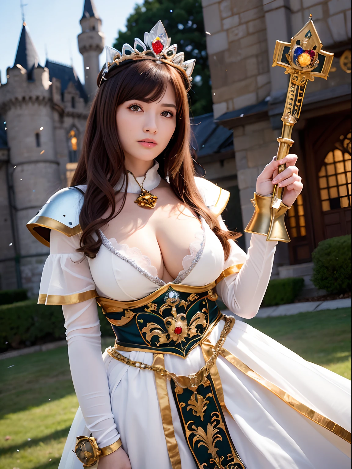 Professional , ​masterpiece、top-quality、photos realistic , depth of fields （Gemstone Silver Metal Body:1.９),(Matte Silver、Jewel Gold Weapon、（Gorgeous castle background）、（Jewel White Metal Body:1.４),（Gorgeous Jewel Metal Weapons） , （Hold the hero's detailed sword） ,（，close-up，dream magical，tornado ）   ,warhammer 40k , adepta sororitas,Detail and ornate jewel crown、Brown hair、（Gangle's forest background）、１a person、dynamic ungle,(((Diamond tiara with detail and luxury)))、a small face、A smile、Powerful poses、（Gorgeous castle background）、huge filesize、20 year old beautiful woman、Stand in the center of the screen、Thin female fingers、Straight long hair、Beautiful Caucasian beauty、Mystical expression、Lightly open your mouth、,Luminescent particles,light scattering,Tindall Effect、cleavage of the breast、