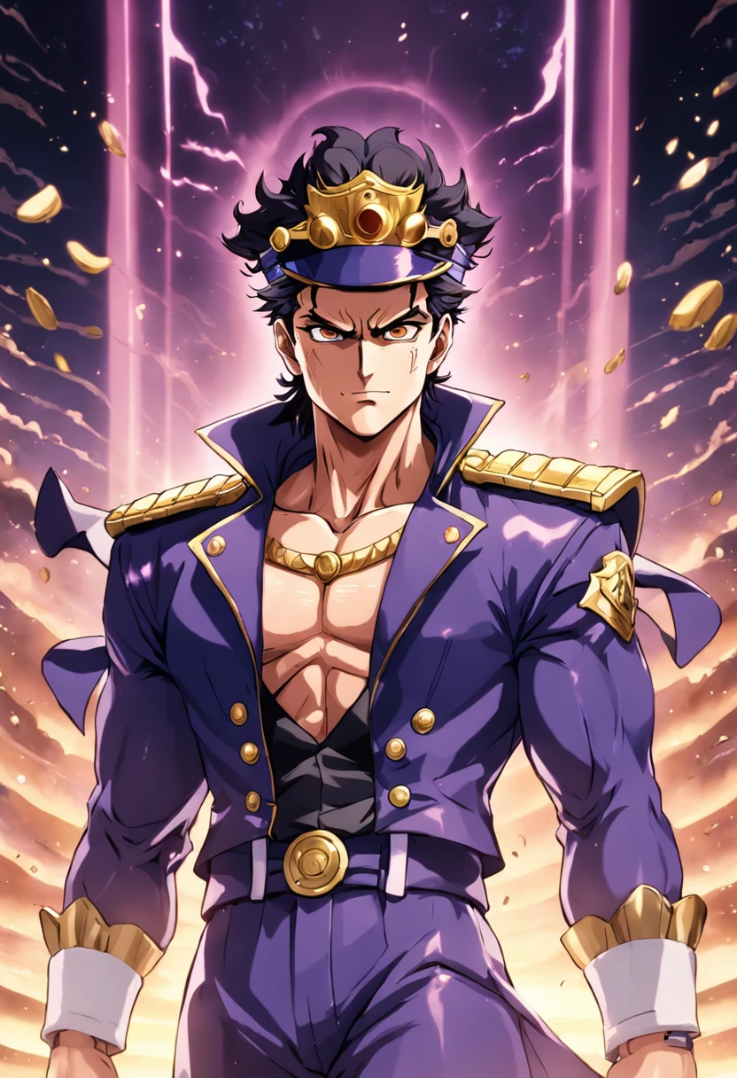 (Masterpiece: 1.4), (Best Quality: 1.4), 1 child, solo, (Emiya Shirō \(fate\):1.2), mischievous smile, curly elbow-length black hair, Indian features. ((Indian facial features)), dark tanned skin, purple eyes, Male, open shirt, muscular, Aesthetic boy ((very good anatomy)) toned muscles, athletic, prominent pectorals and abs, ((ancient Indian clothing)), Black and dark green sherwani, (((Indian traditional clothing))) Black churidar, liquid gold floating around, facing viewer, upper body, city, cityscape, sky, night, stars, anime style, Type-moon style
