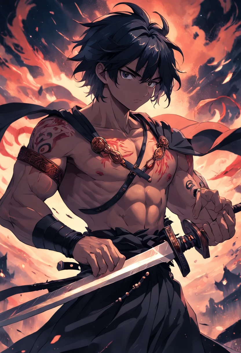 The man was holding a sword with a black bead on his chest