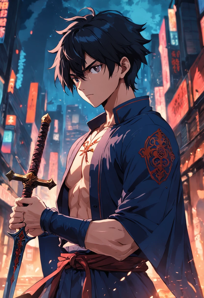 The man was holding a sword with a black bead on his chest