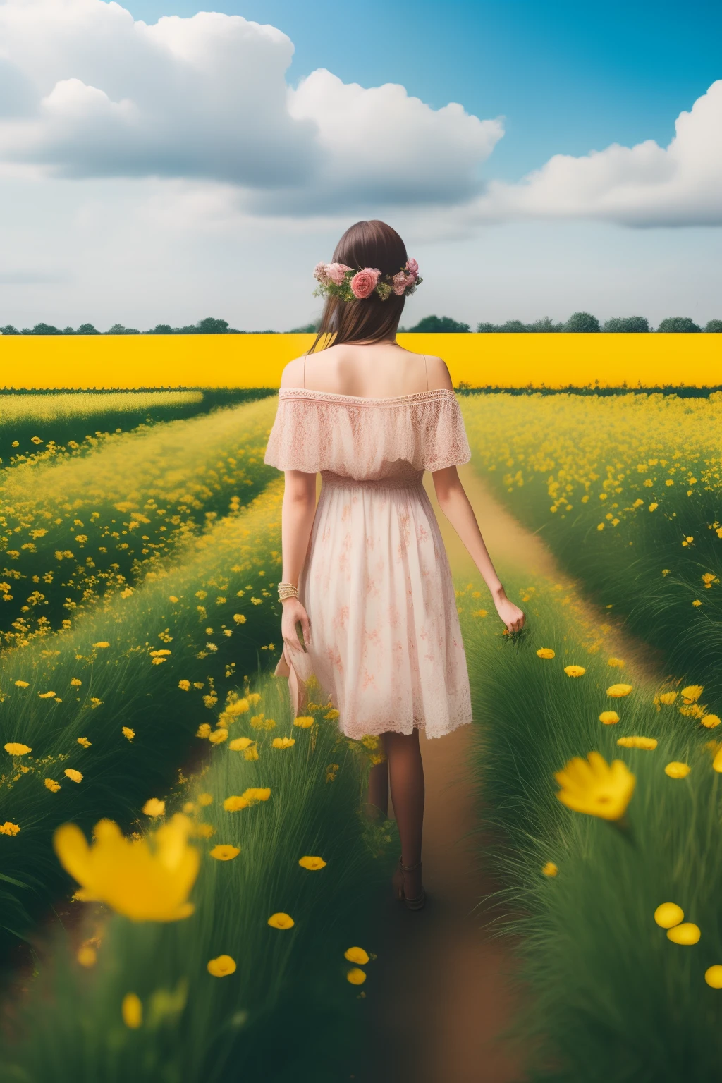 Long-eared woman standing in the background of a flower field