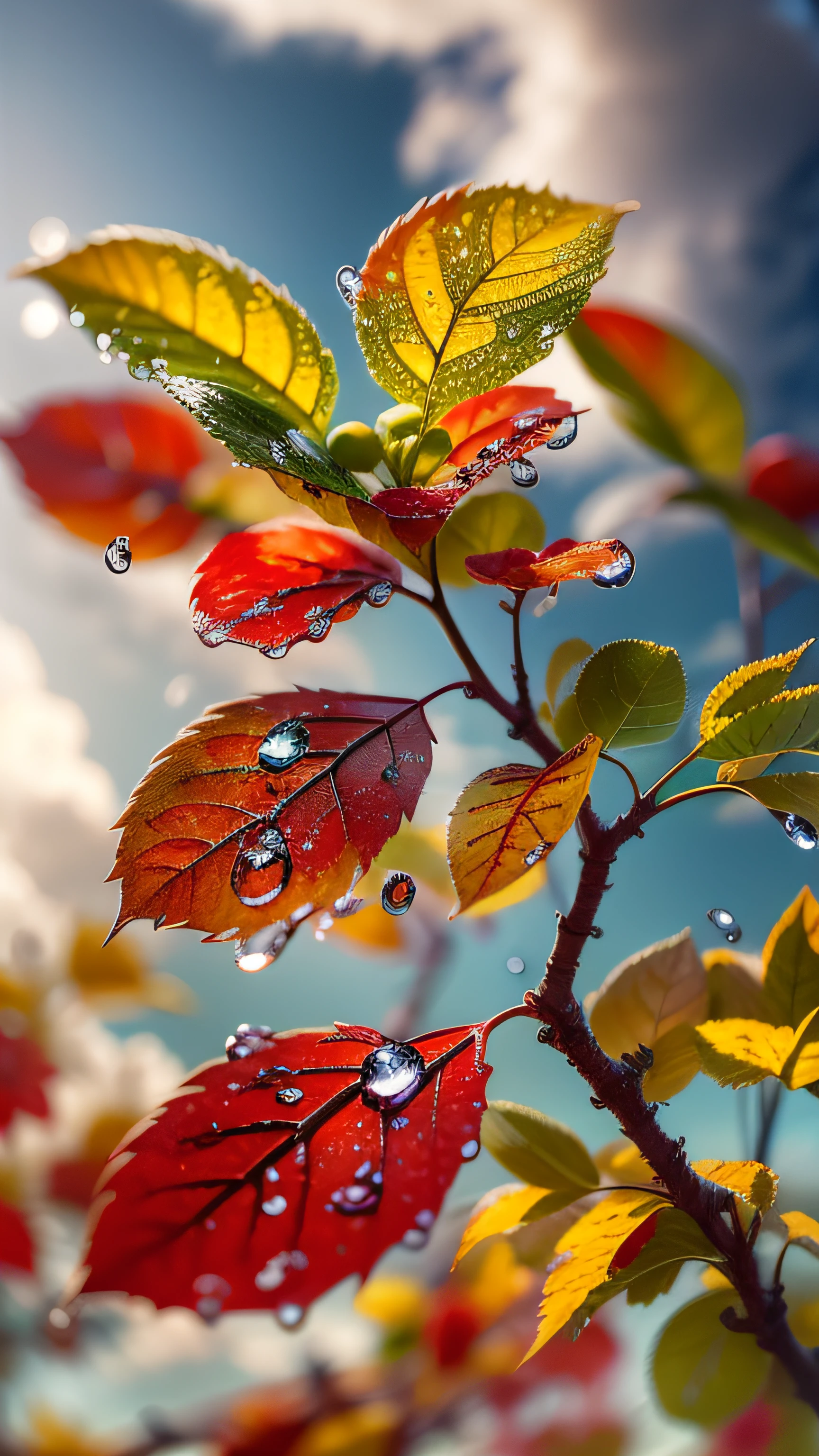 A few leaves in red and yellow, under a blue sky and white clouds, so many dew drops on the leaves, clouds, HD photography, close-up, beautifully composed, super sharp, lots of detail, 8k