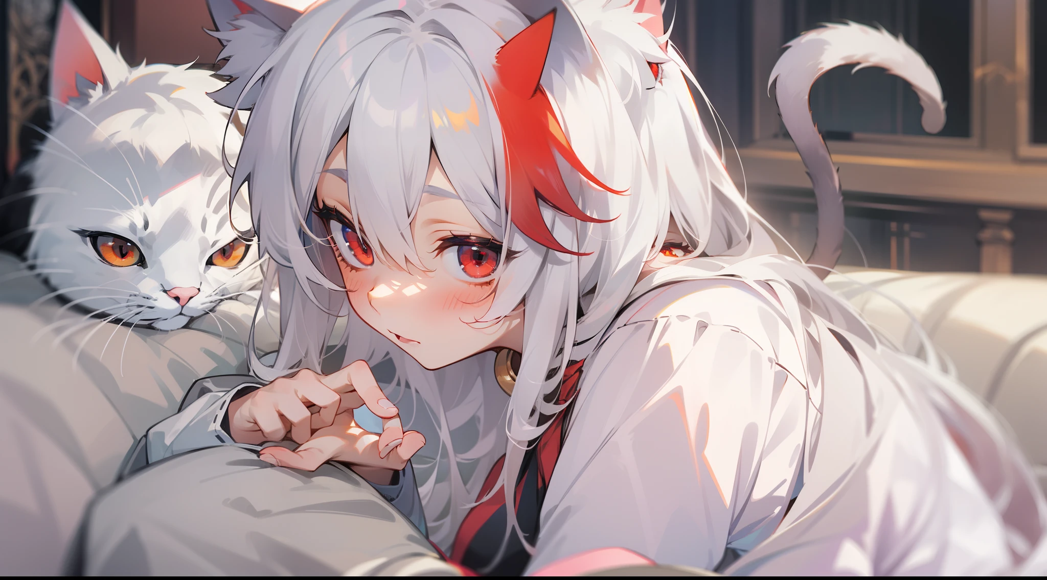 Anime girl with white hair and red ears laying on a couch - SeaArt AI