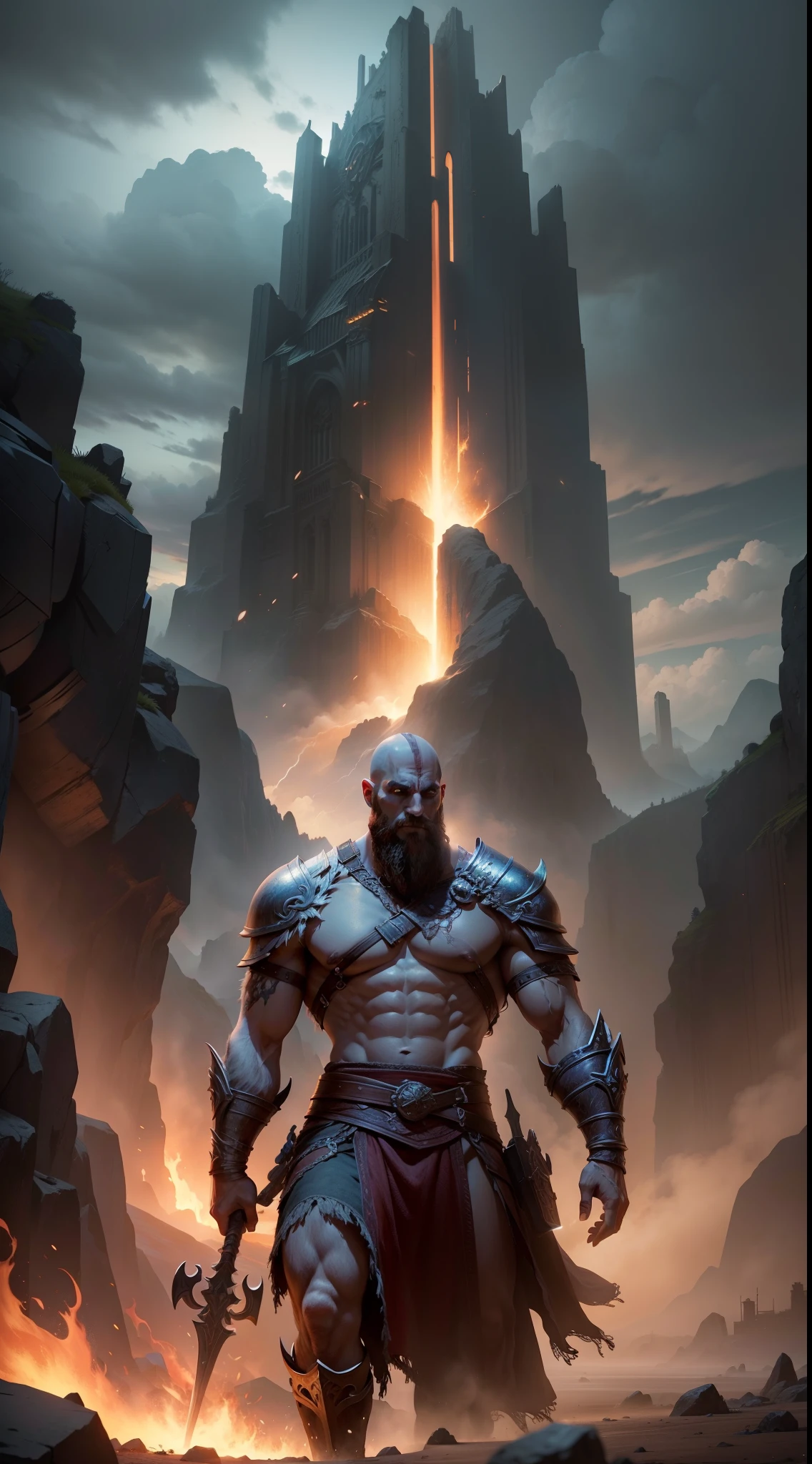 Deus áries do jogo God of war 1, rendered with incredible quality, Epic environment, detalhes ricos e realistas, impressive lighting, vivid shadows, high resolution textures. Adicione efeitos de fogo impressionantes, Dramatic explosions, lutas intensas e movimentos fluidos. Integrate Greek mythology with fantastical elements, Towering creatures and epic landscapes. Surpreenda o jogador com cenas emocionantes e um enredo envolvente.