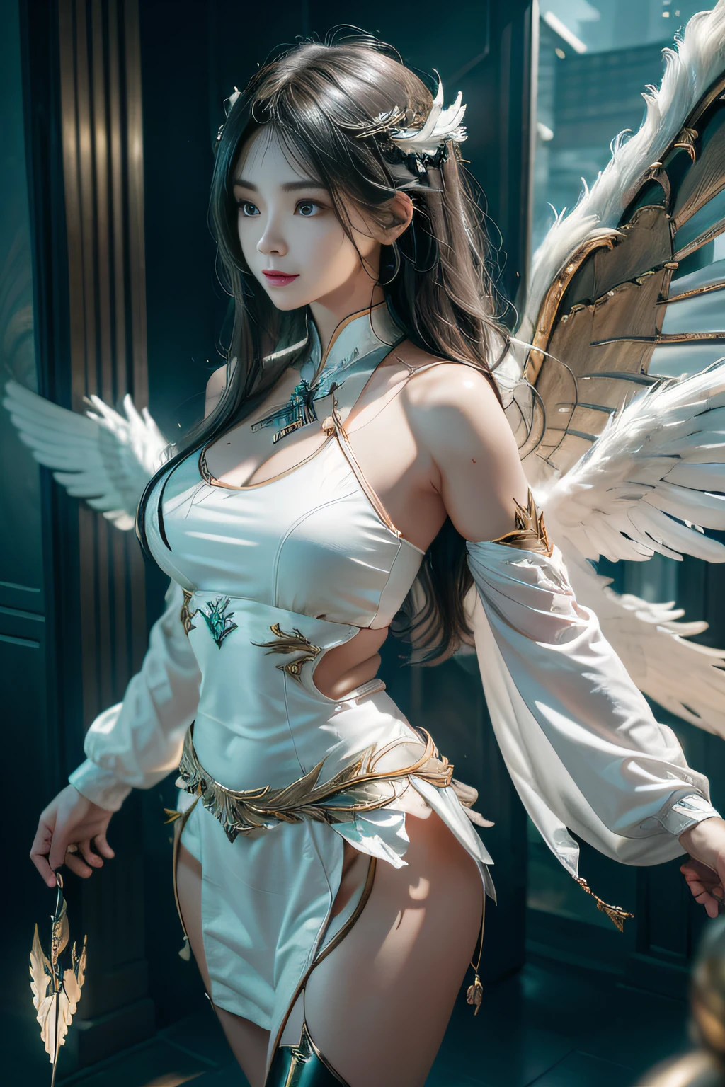 （（best qualtiy））， （（tmasterpiece））， （the detail：1.4）， 。.。.。.。.。.3D， Beautiful cyberpunk female images，hdr（HighDynamicRange）， Ray traching，NVIDIA RTX，Hyper-Resolution，Unreal 5，sub surface scattering，PBR textures，post-proces，Anisotropy Filtering，depth of fields，maximum definition and sharpness，Many-Layer Textures， Albedo e mapas Speculares，Surface coloring，Mitsu-Accurate simulation of material interactions，perfectly proportions，rendering by octane，Two-colored light，largeaperture，Low ISO，White balance，Rule three points 、8K raw data、，Two pairs of white phoenix butterfly wings behind him，There is a faint gold wire on the wing，The wings are dotted with four red jade dots