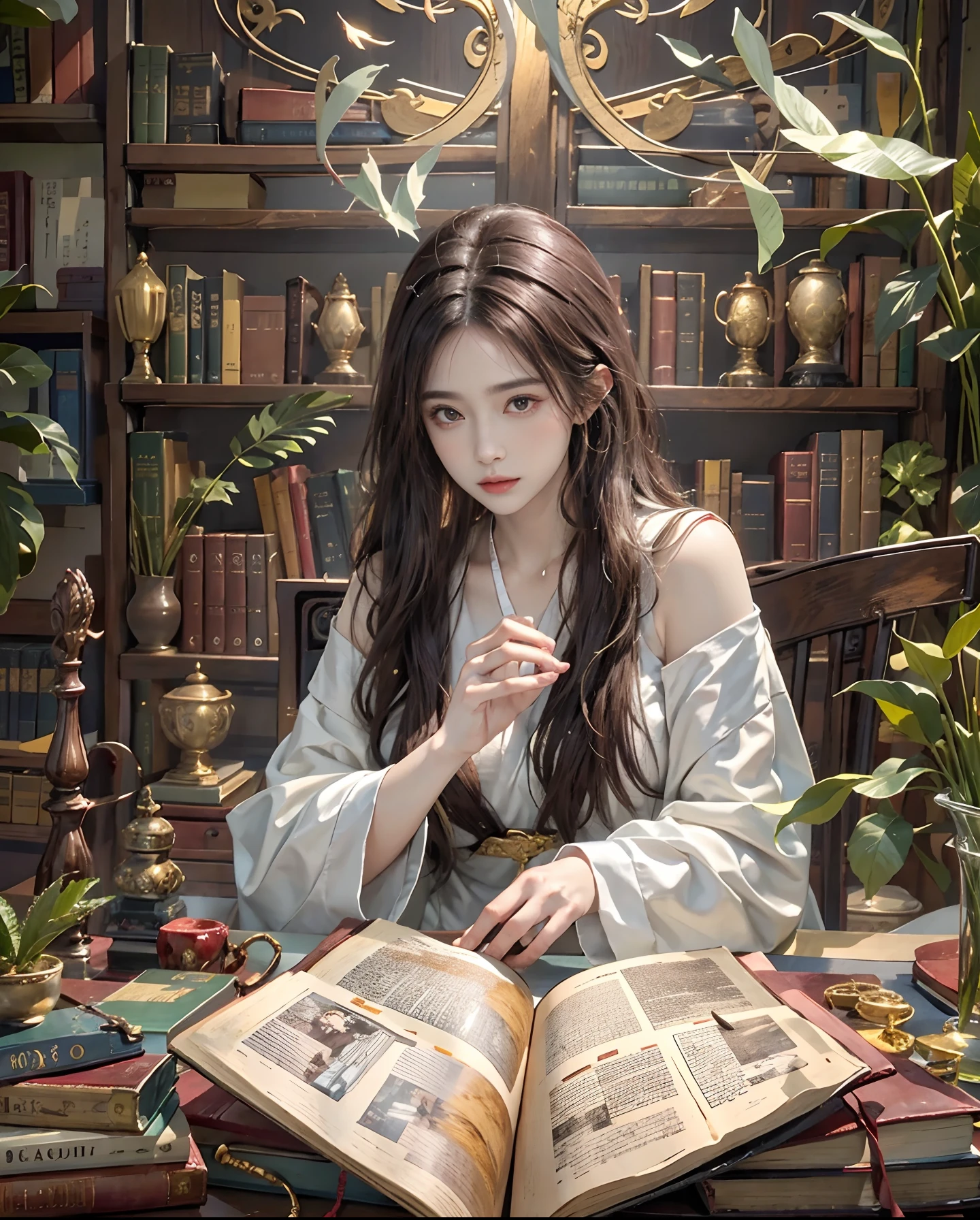 Official art、Priestess of Calligraphy、The background is a book library with ancient times、ancient library、You can see a lot of books and a lot of magic books.、With two beautiful women in black robes with open chests、Beautiful woman in white robes with open chest、The costumes of the two are contrasting、PerfectNwsjMajic,(masterpiece、top-quality、top-quality、Official art、Beautifully Aesthetic:1.2)、(2girls)、ighly detailed、colourfull、highestdetailed、Official art、Unity 8k壁纸、ultra-detailliert、Beautifully Aesthetic、Beautiful face in detail、masterpiece、top-quality、(Zentangle、a Mandala、Tangles、Entanglement)、Holy Light、pure、There are also resilient messages, Overcoming and hope. Breasts are small and B size、A slender、The chest is open、Eyes are double(A detailed eye), Beautifully detailed、Hair that flutters in the wind、Maroon Gradient Hair Color、Hair color is contrasting、high-heels、Gold Anklet、Two people praying on a large magic book、Background with、Beautiful girls staring at each other in the center of a large magic square、Beautiful girl praying in the center of a big magic square、Everything is beautiful as a photo