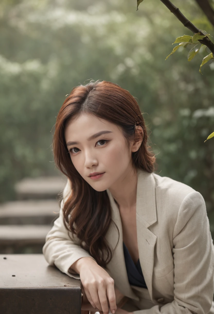 A panda in a suit,Sit on a bench,There is a handbag, Melancholy looked into the distance,With your back to the camera,wide wide shot,best qualityer, 8K分辨率,Cinematic lighting,best qualityer,Detail light,bamboo forrest,wide wide shot