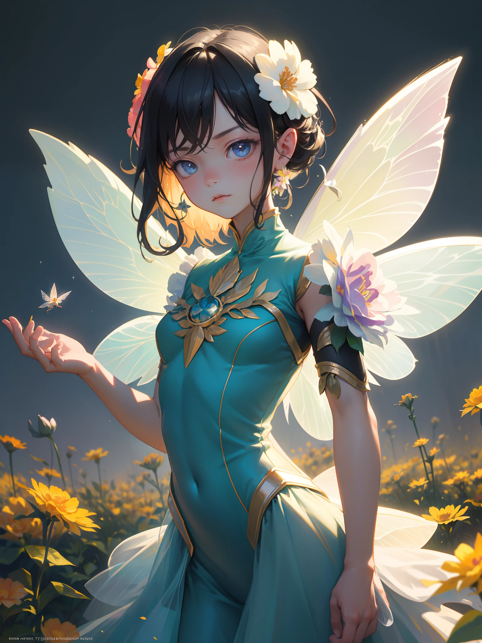 (the Flower Fairy:1.5), Very small human, very big flowers, Fly, Ultra-high saturation, full bodyesbian，1girll， Garden background，Messy hair，high detal, Anime style,Cinematic lighting, Sparkle, god light, Ray traching, filmgrain, hyper HD, textureskin, super detailing, Anatomical correct, A high resolution，Ultra-high saturation，hight contrast，Smooth skin，Serious expressions,Dark room,