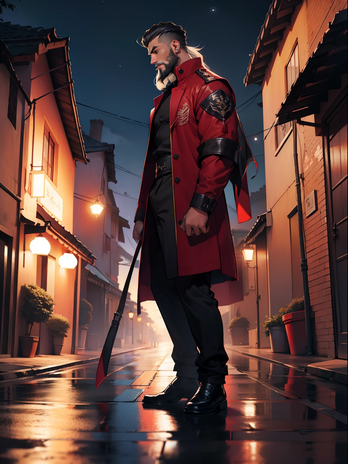 of a guy,sbeard,cabelos preto e longos,Douluo Continent red clothing,the night,standing on your feet,