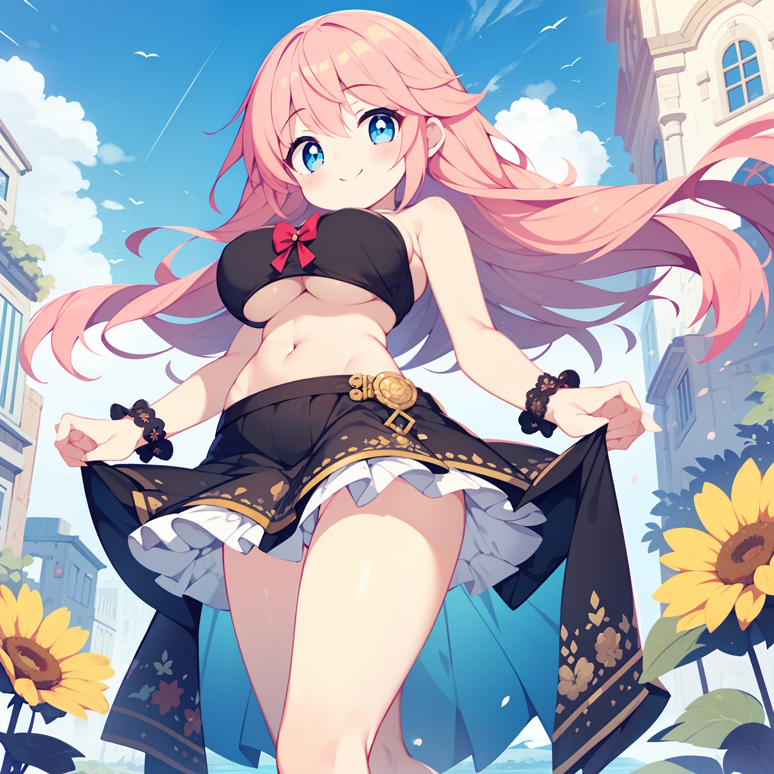 1girl, solo, perfect bodies, (top-quality:1.5), Masterpiece, nffsw、Shaders、Brilliant Textured Work、short, Pink hair, length hair, cuticle, Big eyes, Beautiful eyes, Attractive Blue Eyes, Tube Top, Flared skirt with lace ruffles, Navel Ejection, large full breasts, You can see the valley, skinny legs, dynamic ungle, sunny sky, huge smile, underboob, Composition from below, thin waist with constriction,、