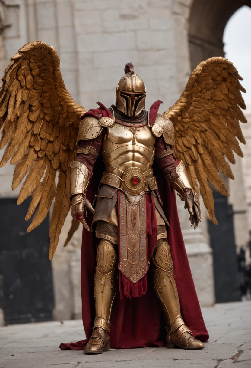 St. Giles,The ninth heir of the emperor,Wear gold power armor,Behind the back of the day, let the wings spread,Set with 3 blood-red gemstones on the chest,Holding the Sword of Truth in his hand, a raging fire burned,Sun pattern on the back,He is the sun god Apollo,Ares, the god of war,Angry Holy Blood Angel