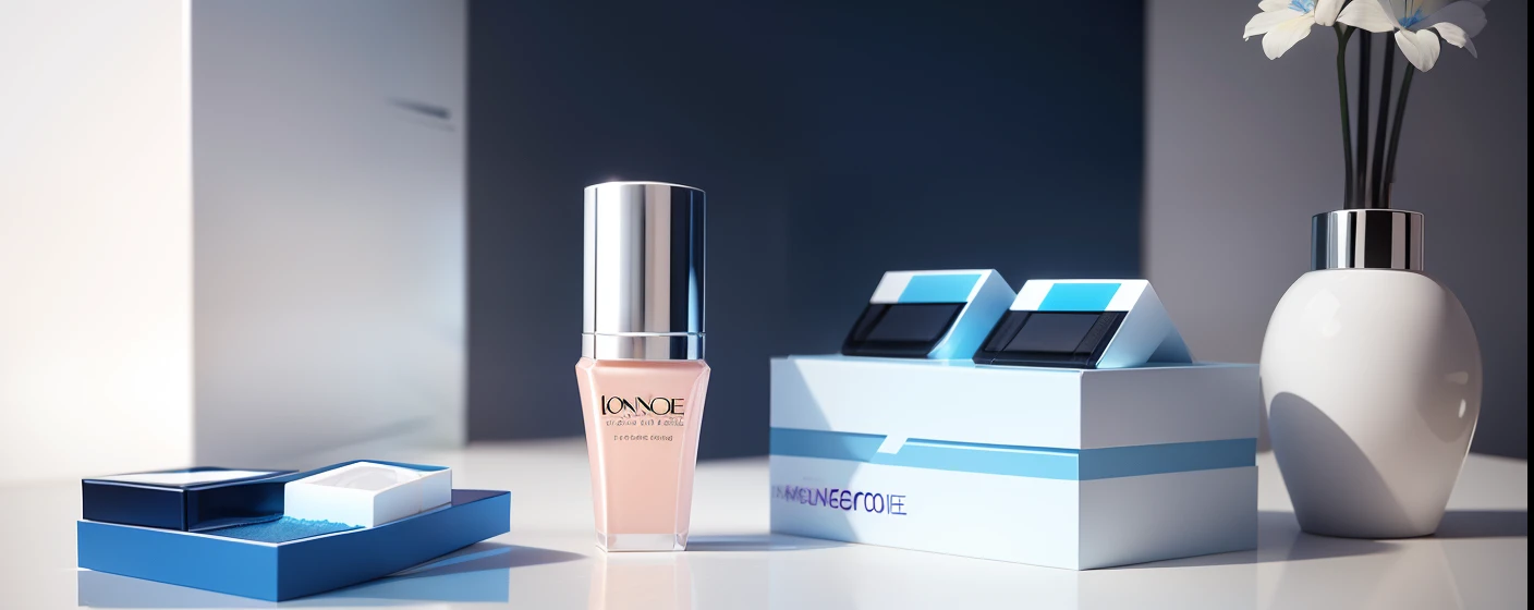 E-commerce cosmetics diagram,Lancôme sunscreen,Blue and white,high end,relaxed,Modeling,C4D