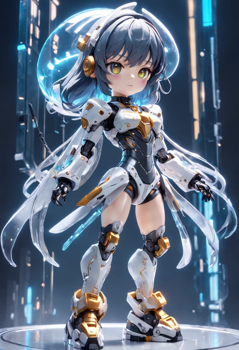 (blind box toy style:1.2),(Full body photo), Transparent and cute girl, Transparent Mecha, Exquisite helmet:1.2, Luminescent goggles:1.2, cyber punk style, dreamy lights, freshen, White draft, Global Illumination, Aite Tracking, High-density image review, Unreal Render, Rational design, ighly detailed, Masterpiece Grade, Best Quality, hyper HD, Cinematic lighting。