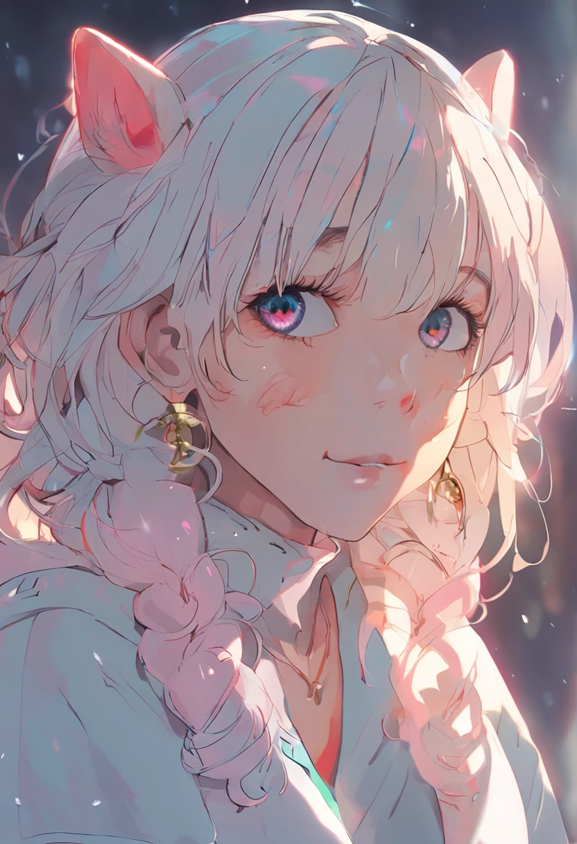 hair bobbles, longeyelashes, solid circle eyes, fake animal ears, light smile, ear blush, fang, white hair, multicolored eyes, gradient eyes, heterochromia, Surrealism, drop shadow, anaglyph, stereogram, tachi-e, pov, atmospheric perspective, bloom, film grain, drop shadow, Fujicolor, depth of field, motion blur, 8k, super detail, ccurate, best quality