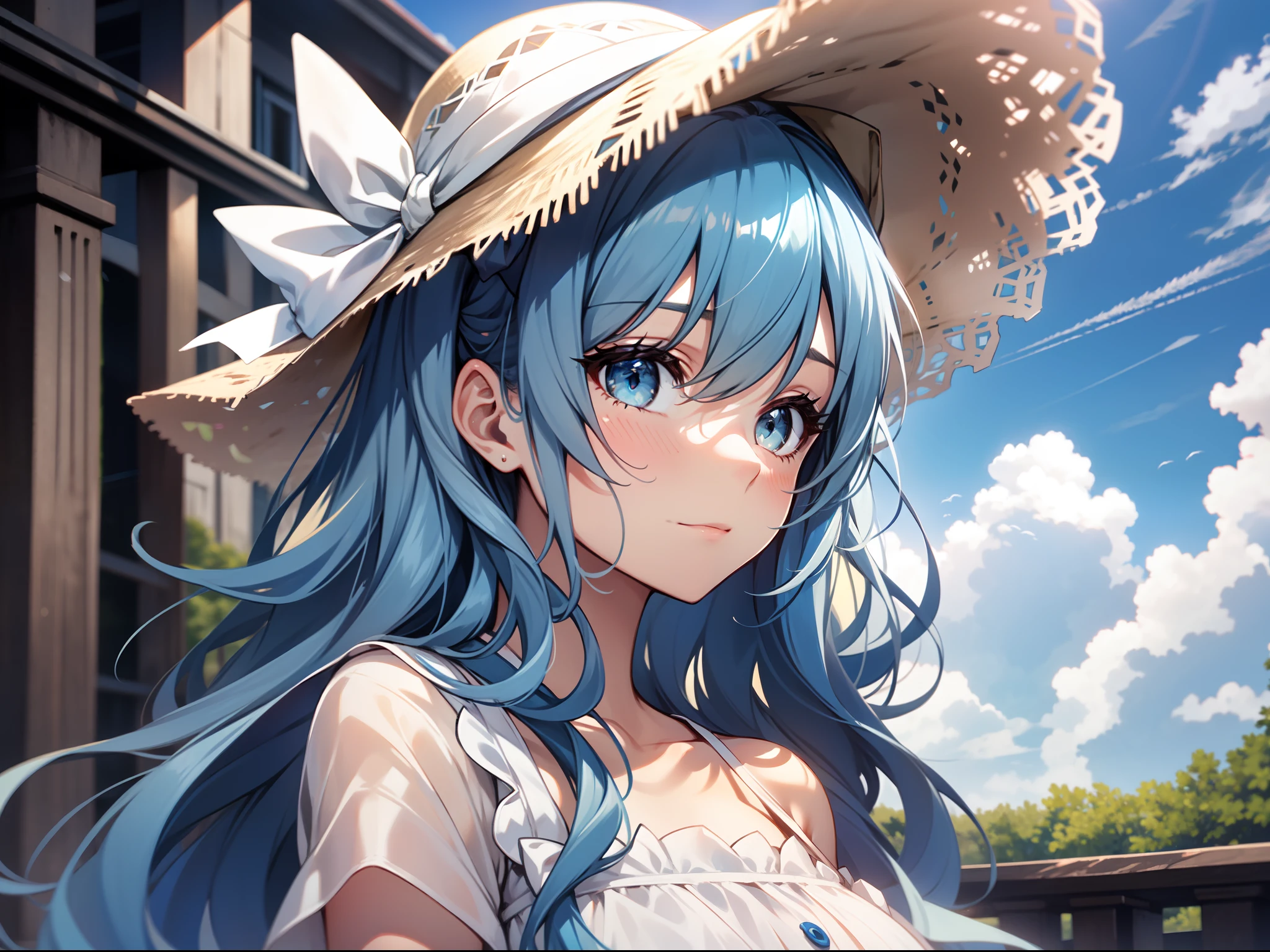 1girl, bangs, blue_eyes, blue_hair, blue_sky, blush, bow, cloud, cloudy_sky, collarbone, day, dress, eyebrows visible through hair, ruffles, handmade, headdress, hat, hat bow, long hair, looking at the lens, outdoors, ribbon, sky, solo, sun hat, white dress