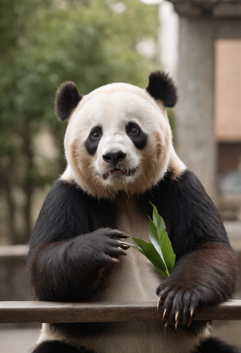 A panda，Sit on a bench，There is a handbag, Business suit，Melancholy looked into the distance，With your back to the camera，wide wide shot，best qualityer, 8K分辨率，Cinematic lighting，best qualityer，Detail light，bamboo forrest，wide wide shot