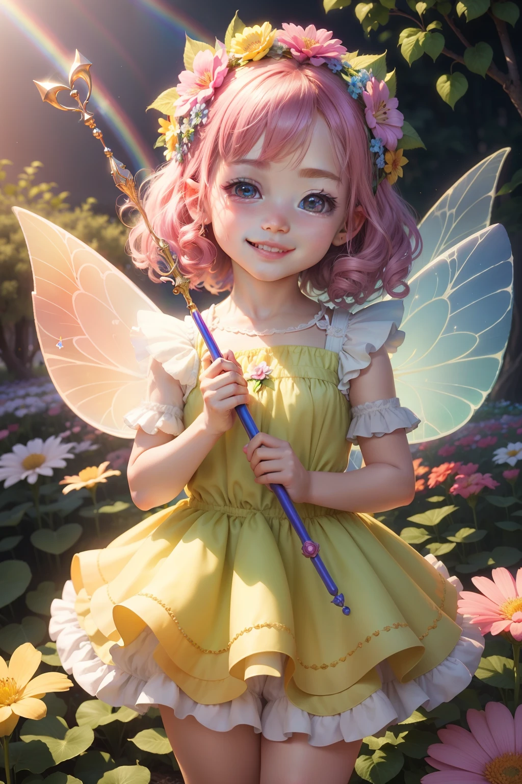 Cute flower fairy ,Holding a shiny wand,The smile is bright,Let's be happy,Beautiful garden background,Bright rainbow-colored landscape,plethora of colors,Rich in elements,Facial features are super detailed,Ultra-high sharpness、k hd、8K、