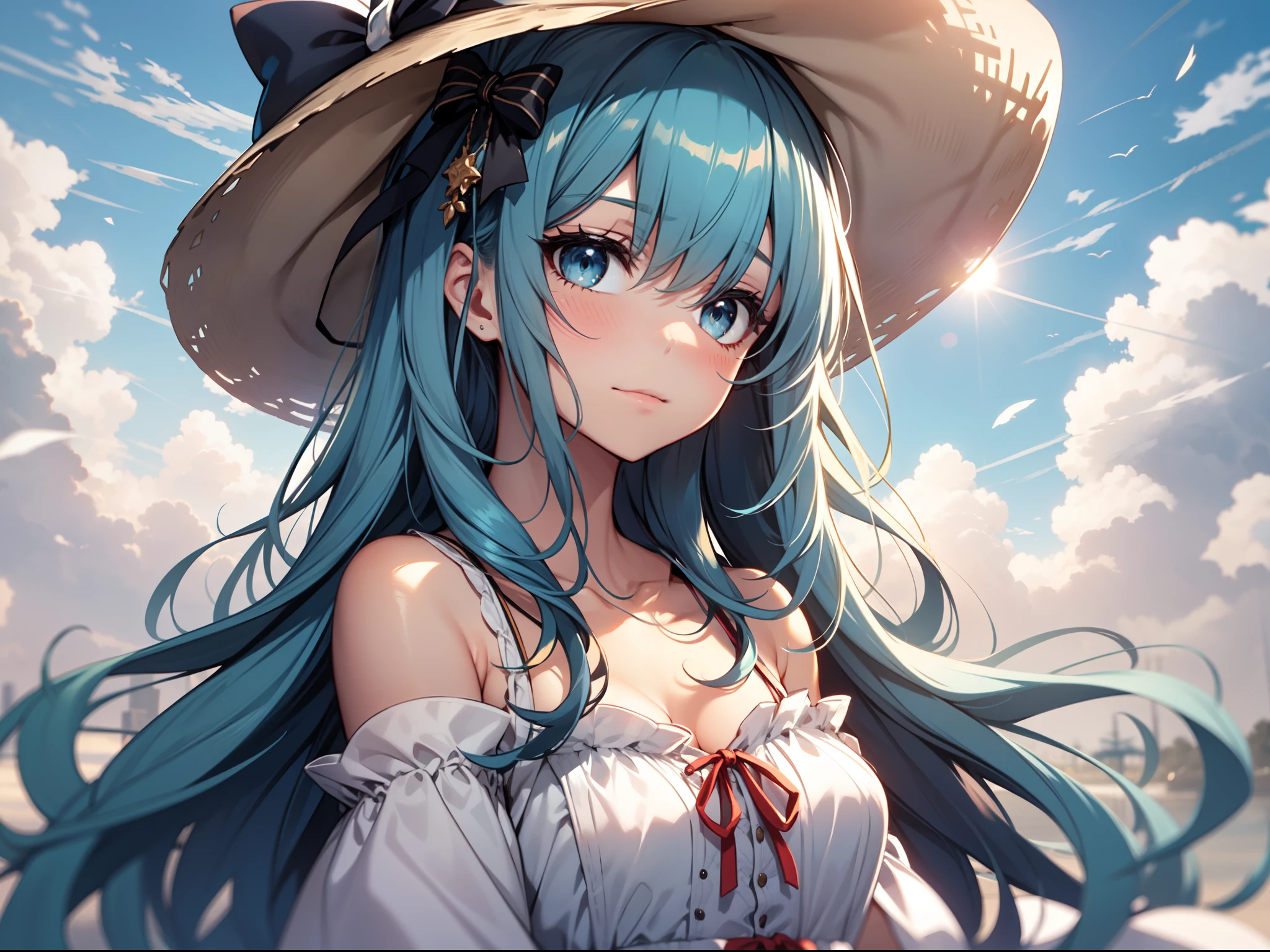 1girl, bangs, blue_eyes, blue_hair, blue_sky, blush, bow, cloud, cloudy_sky, collarbone, day, dress, eyebrows visible through hair, ruffles, handmade, headdress, hat, hat bow, long hair, looking at the lens, outdoors, ribbon, sky, solo, sun hat, white dress