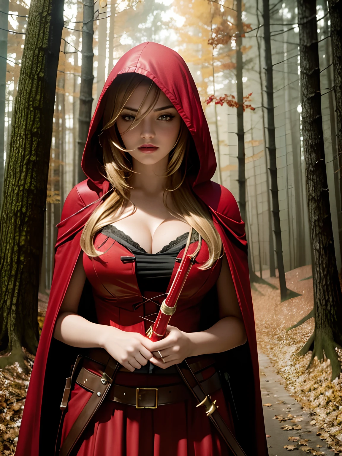 extremely beautiful red riding hood, subtle makeup, golden hour, photorealistic, high contrast, 8k HD, detailed, hyper-detailed, realistic skin texture, covered with red hood, large breast, best quality, ultra high res, raw photo, dramatic lighting, unreal engine, diffuse glow, intricate red hood, outdoor, realistic detailed dark forest, falling leaves, breeze, holding light saber
