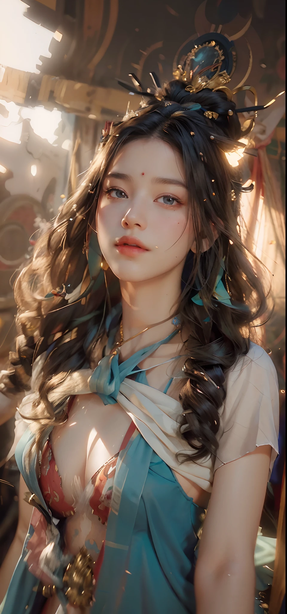 (RAW photo, best quality), (realistic, photo-realistic:1.3),best quality,highly detailed,masterpiece,ultra-detailed,illustration,1girl,upper_body,dynamic angle,world masterpiece theater,messy_long_hair,best quality,extremely detailed CG unity 8k wallpaper,ink,Amazing,cinematic lighting,lens_flare, dunhuang_style