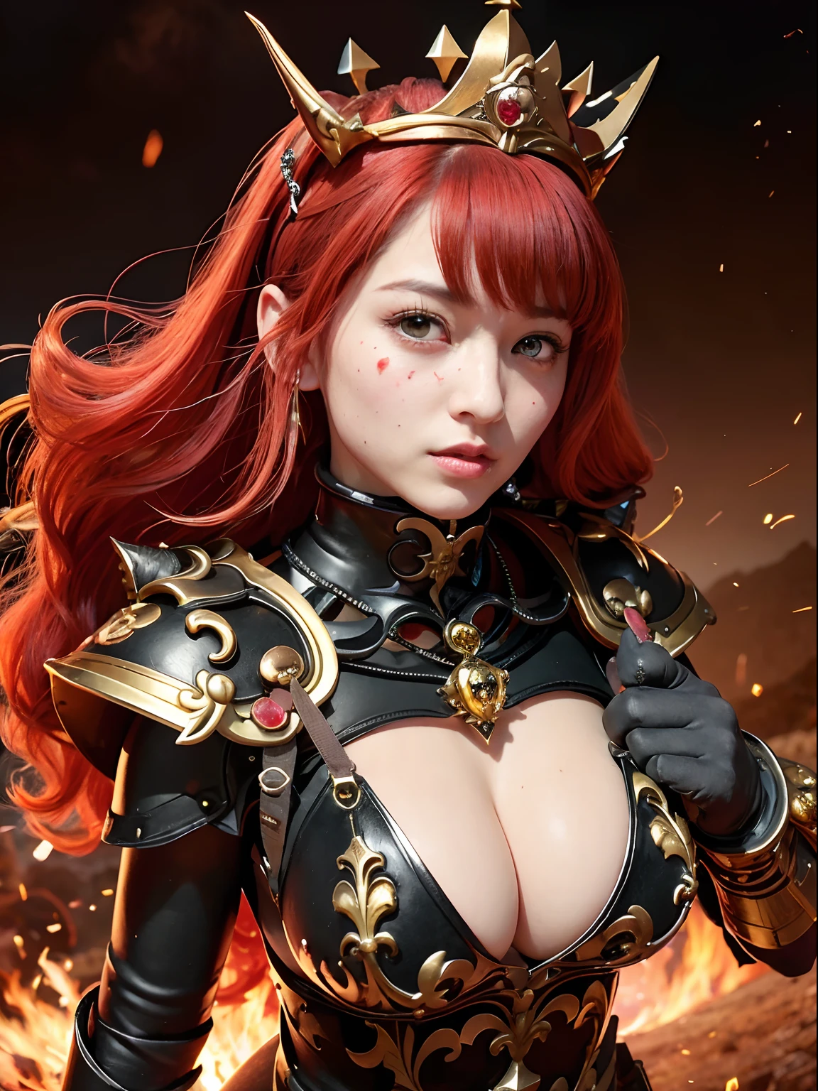 (masutepiece), Professional , masterpiece、top-quality、photos realistic , depth of fields (Gemstone Black Metal Body:1.9),(Matte Black、(cleavage of the breast)、Jewel Gold Weapon(Jewel Metal Body:1.4),Gorgeous Silver Weapons ,(( Dragon's dense and gorgeous sword)) , Beautiful knife ,warhammer 40k , adepta sororitas,Details and Gorgeous Crowns、((Red hair))、(Castle background)、Tears of blood from the eyes、((Gangle's forest background))、Beautiful Caucasian beauty、1a person、dynamic ungle,(((Detailed and ornate Black Devil Crown)))、Smaller head、A smile、Castle background、Thin and beautiful female hands、cleavage of the breast、Soldier in iron armor on background、Mystical expression、Light Effects、intense fighting、Wind-effect、magic circles、With the legendary magic wand、(demonic wings)、